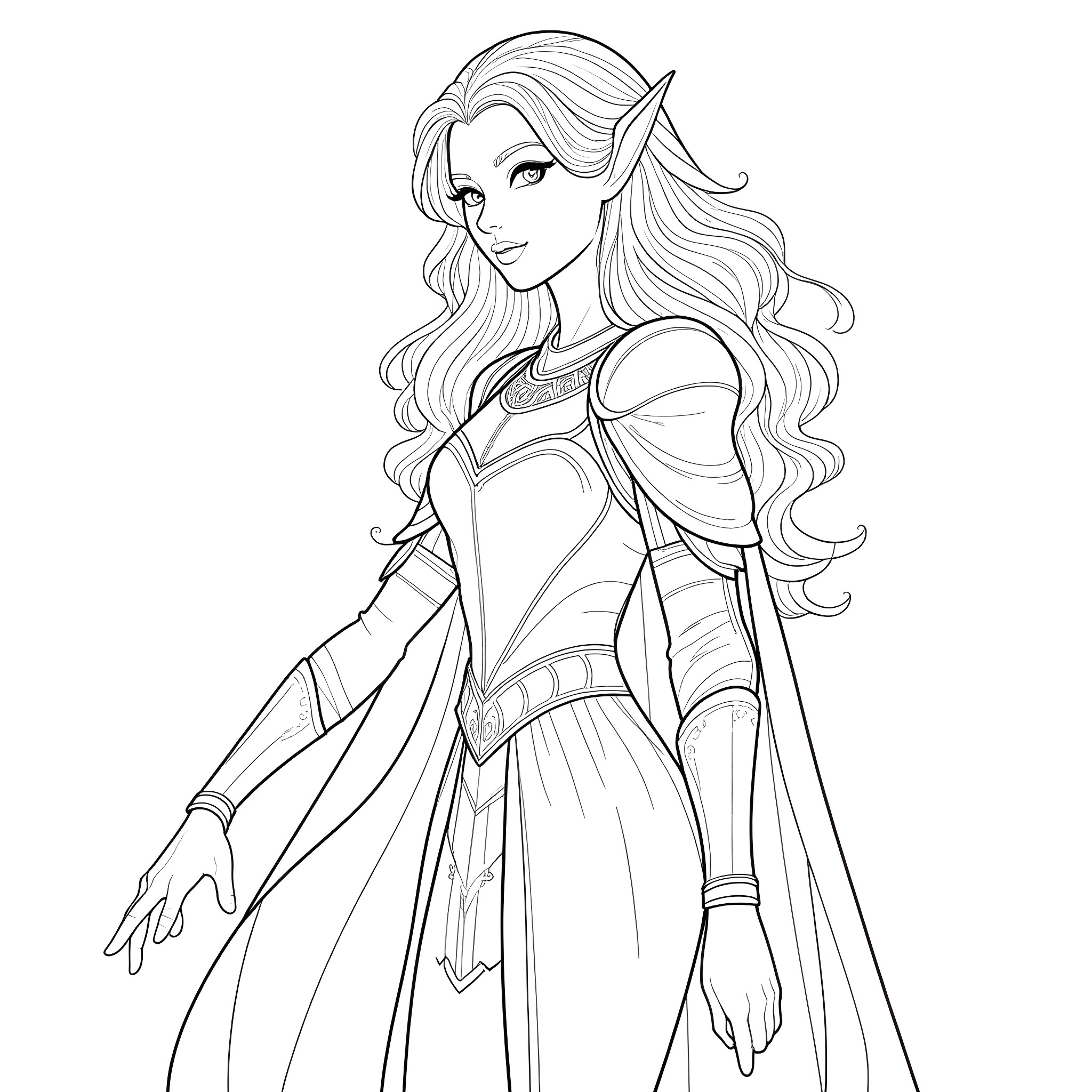Princess with Flowing Hair and Elegant Attire Coloring Page (free black-and-white line drawing printable PDF for all, from beginners to advanced learners, including children, teens, adults, and seniors)