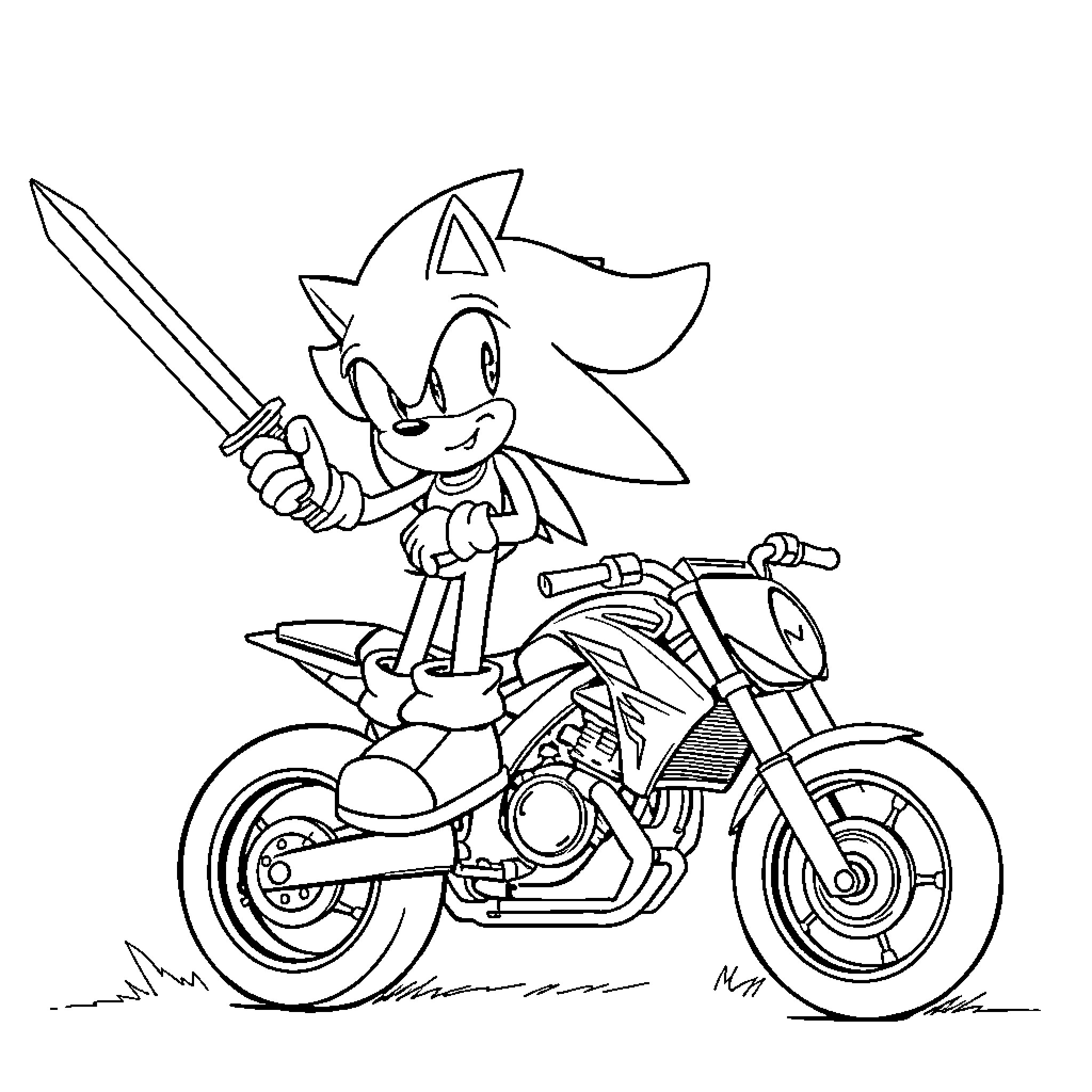 Sonic riding an action motorcycle with sword Coloring Page (free black-and-white line drawing printable PDF for all, from beginners to advanced learners, including children, teens, adults, and seniors)