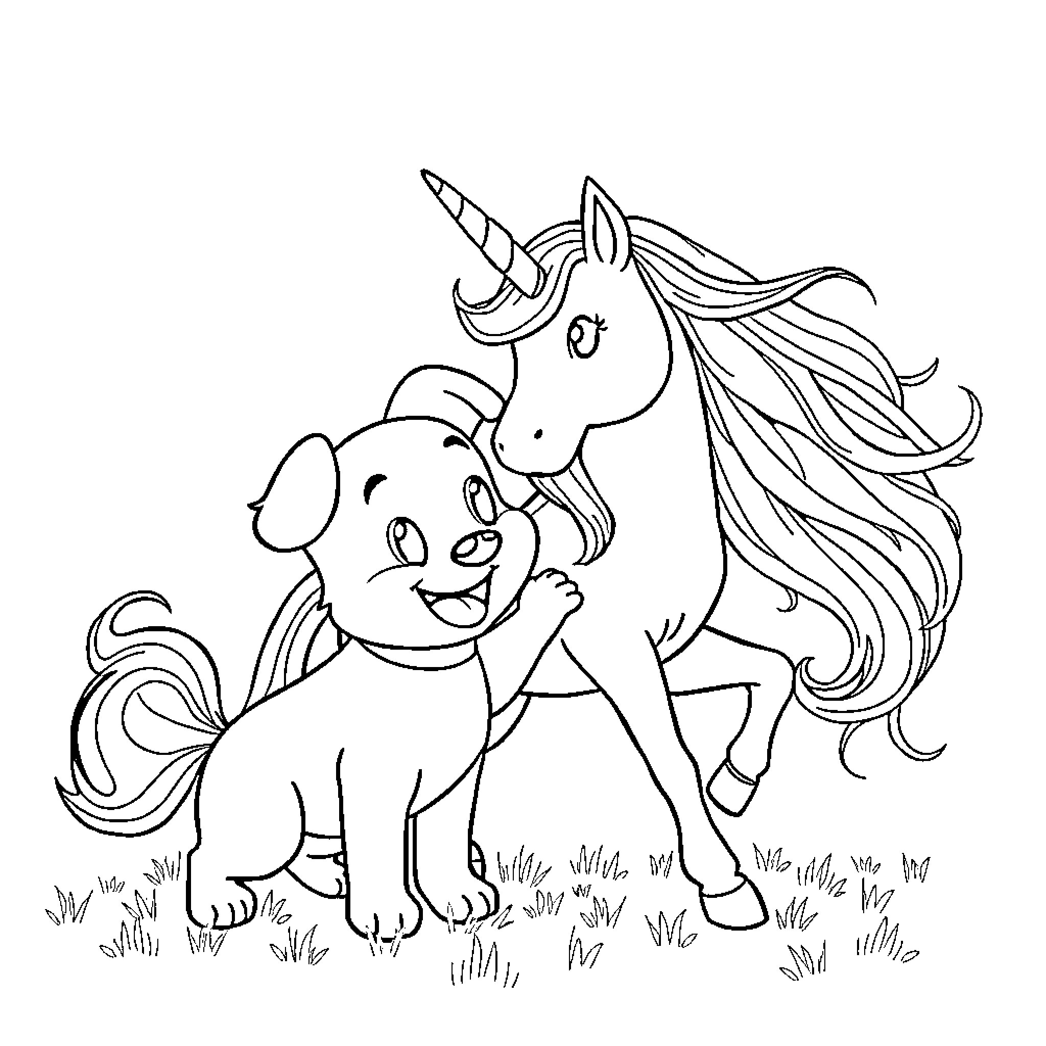 Bluey and the Magical Unicorn in the Meadow Coloring Page (free black-and-white line drawing printable PDF for all, from beginners to advanced learners, including children, teens, adults, and seniors)