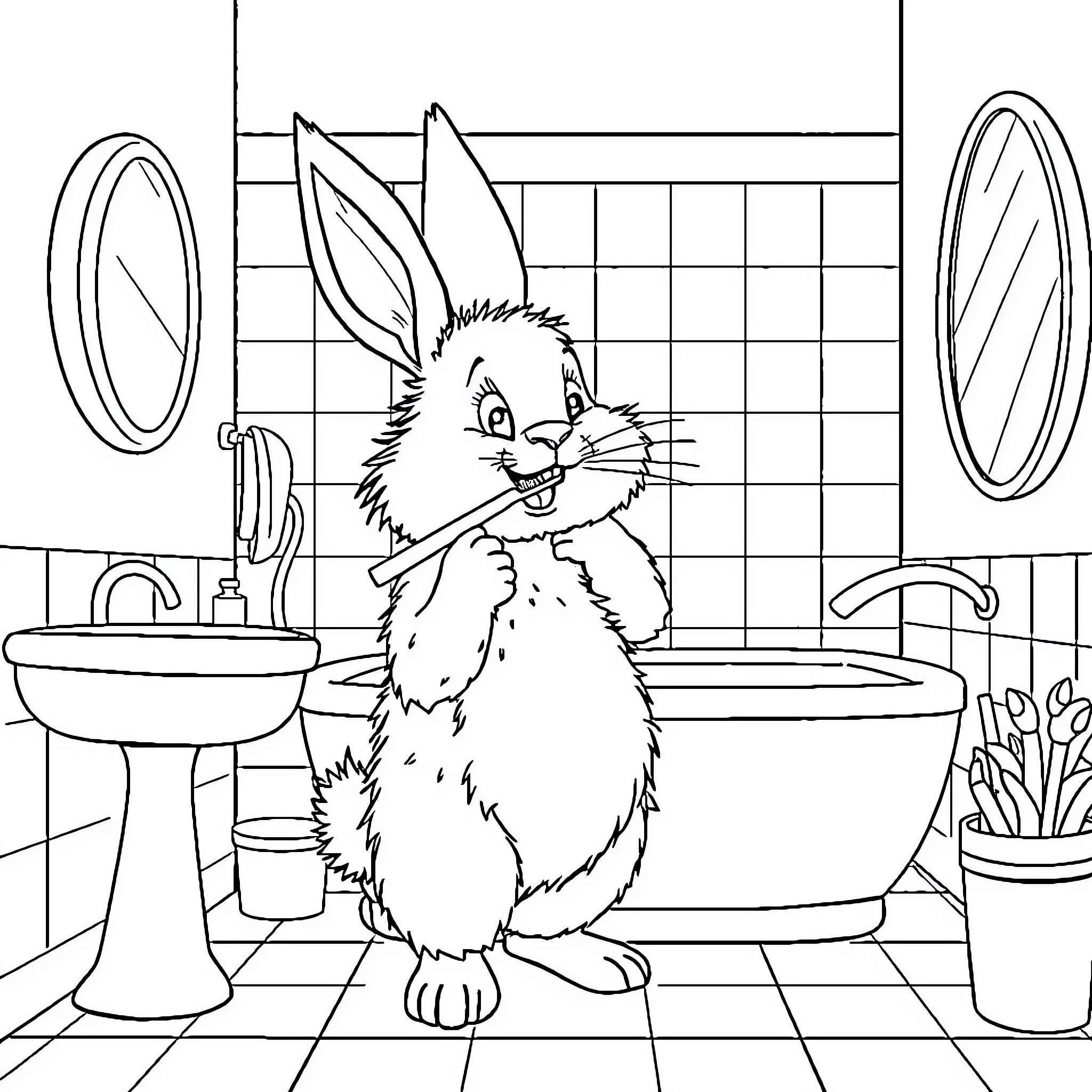 Rabbit in the Bathroom Coloring Page (free black-and-white line drawing printable PDF for all, from beginners to advanced learners, including children, teens, adults, and seniors)