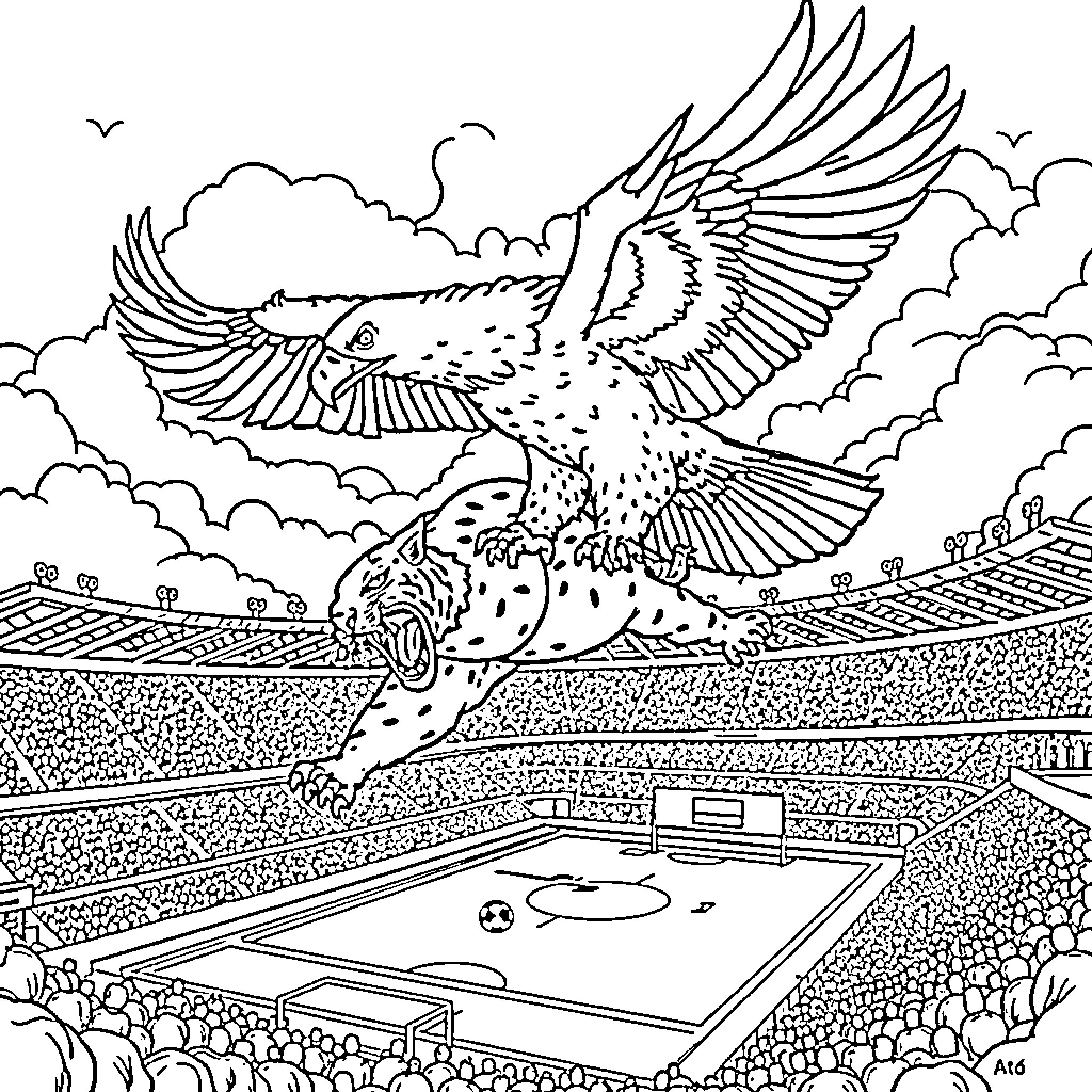Eagle soaring majestically over a crowded stadium Coloring Page (free black-and-white line drawing printable PDF for all, from beginners to advanced learners, including children, teens, adults, and seniors)