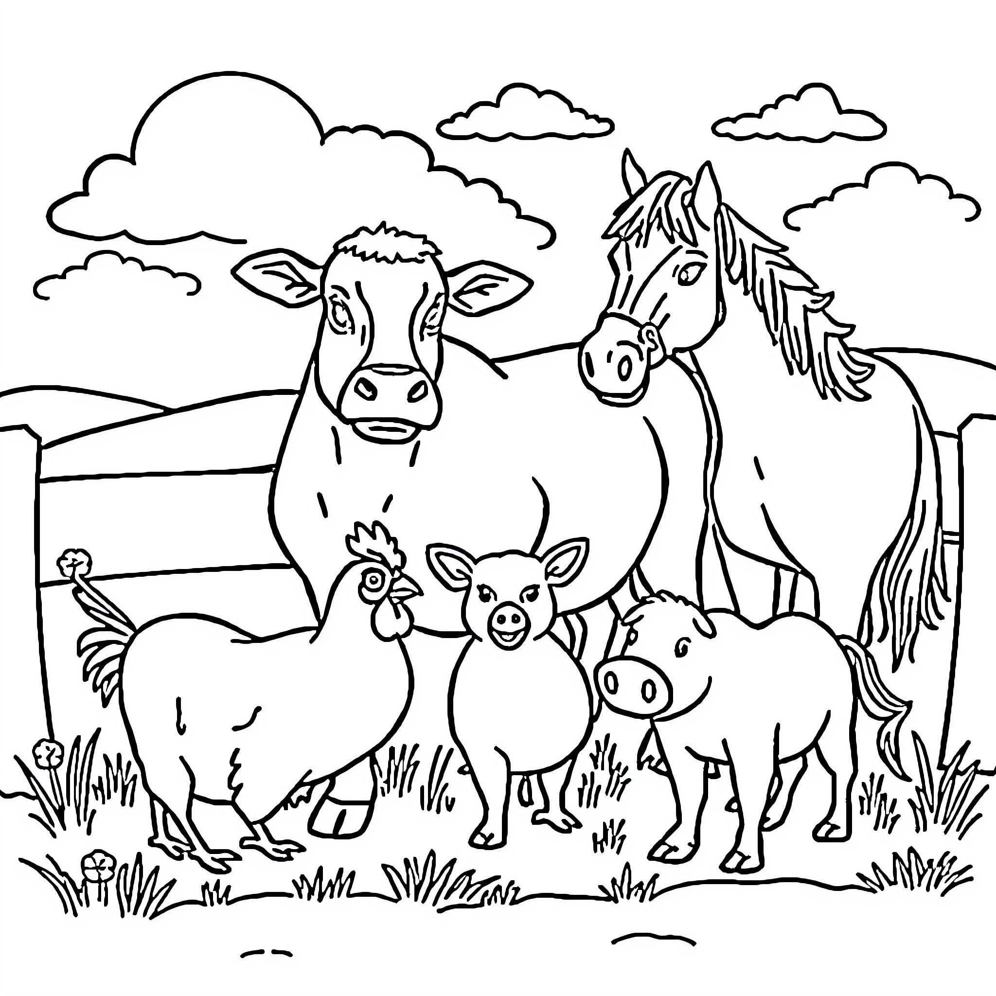 Farm Animals in a Peaceful Pasture Coloring Page (free black-and-white line drawing printable PDF for all, from beginners to advanced learners, including children, teens, adults, and seniors)