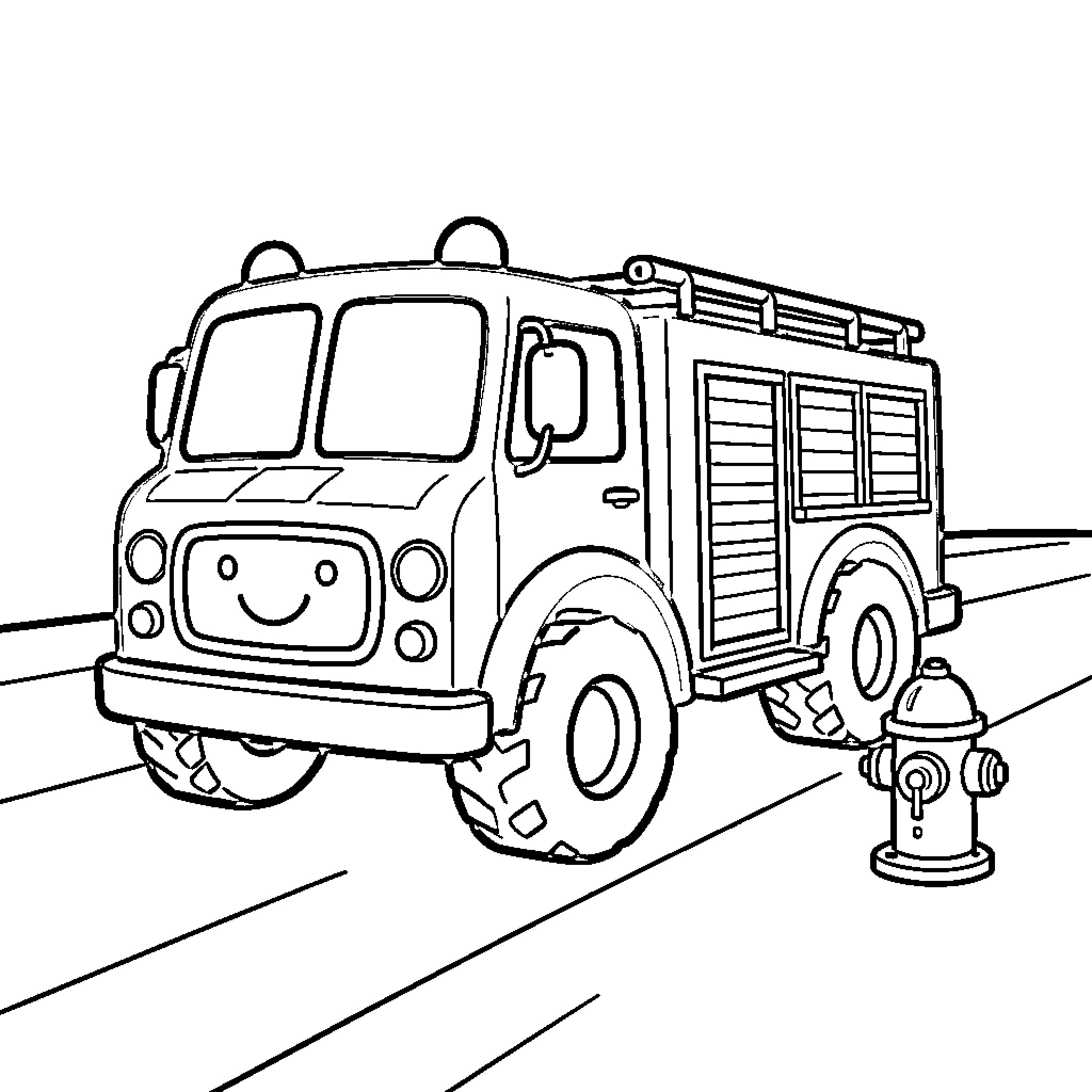 Fire Truck Rushing to Emergency with Sirens Blaring Coloring Page (free black-and-white line drawing printable PDF for all, from beginners to advanced learners, including children, teens, adults, and seniors)