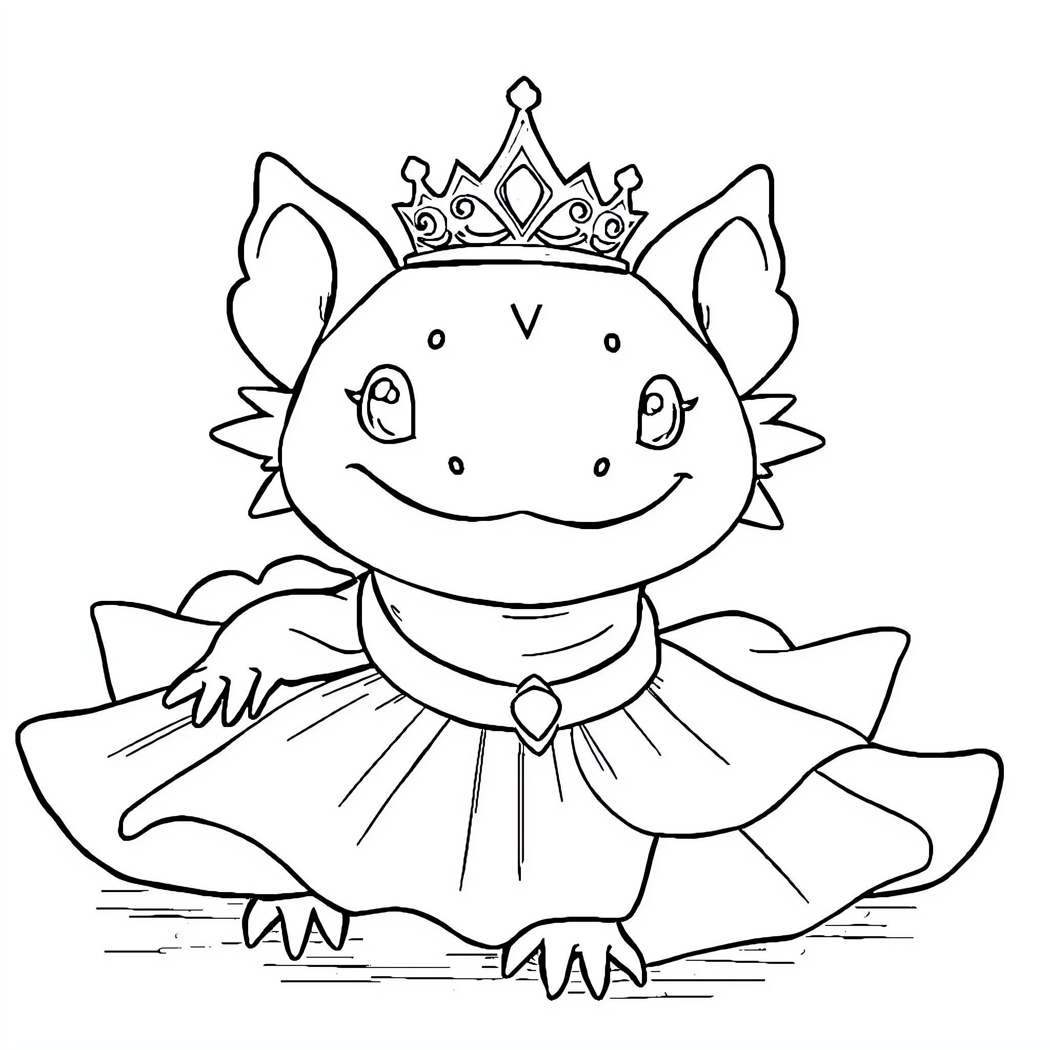 Axolotl dressed as a princess with a crown Coloring Page (free black-and-white line drawing printable PDF for all, from beginners to advanced learners, including children, teens, adults, and seniors)