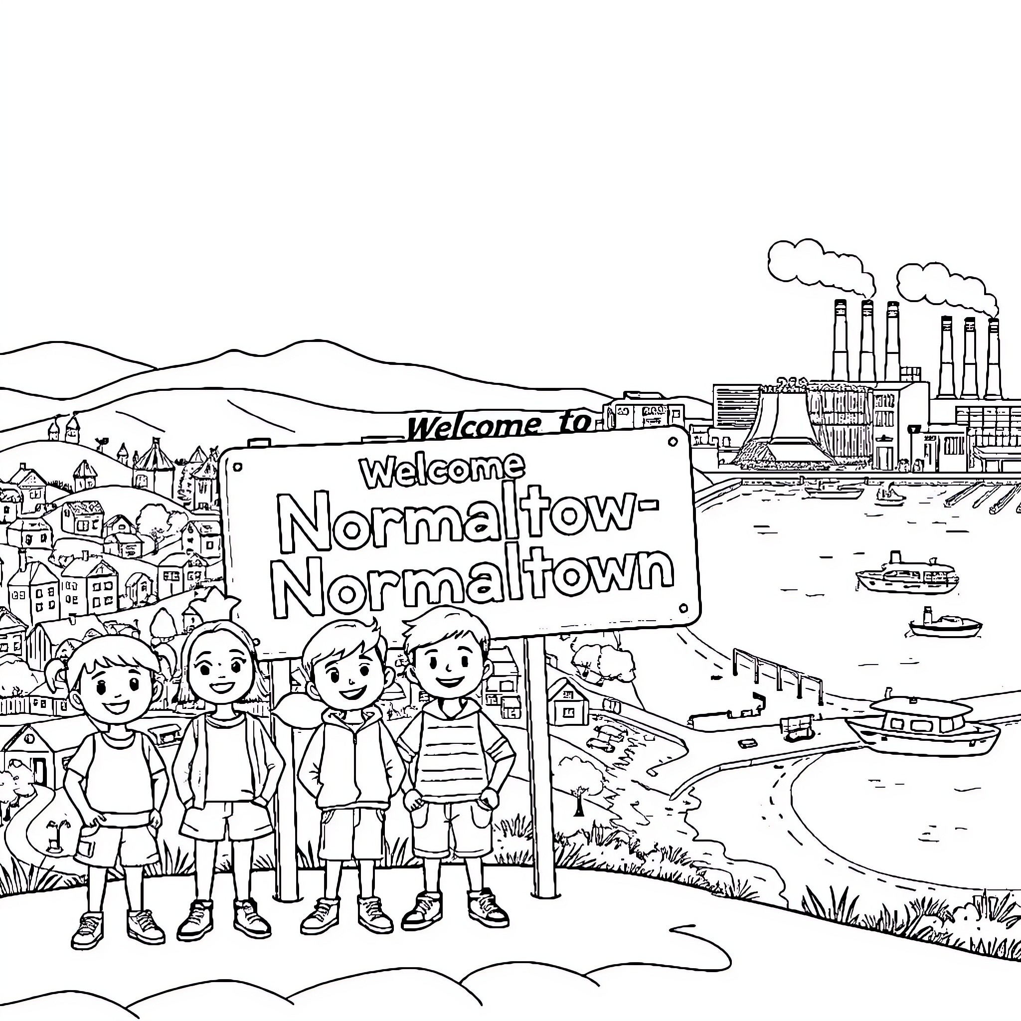 Kids exploring the welcome to Normaltown-Normaltown sign Coloring Page (free black-and-white line drawing printable PDF for all, from beginners to advanced learners, including children, teens, adults, and seniors)