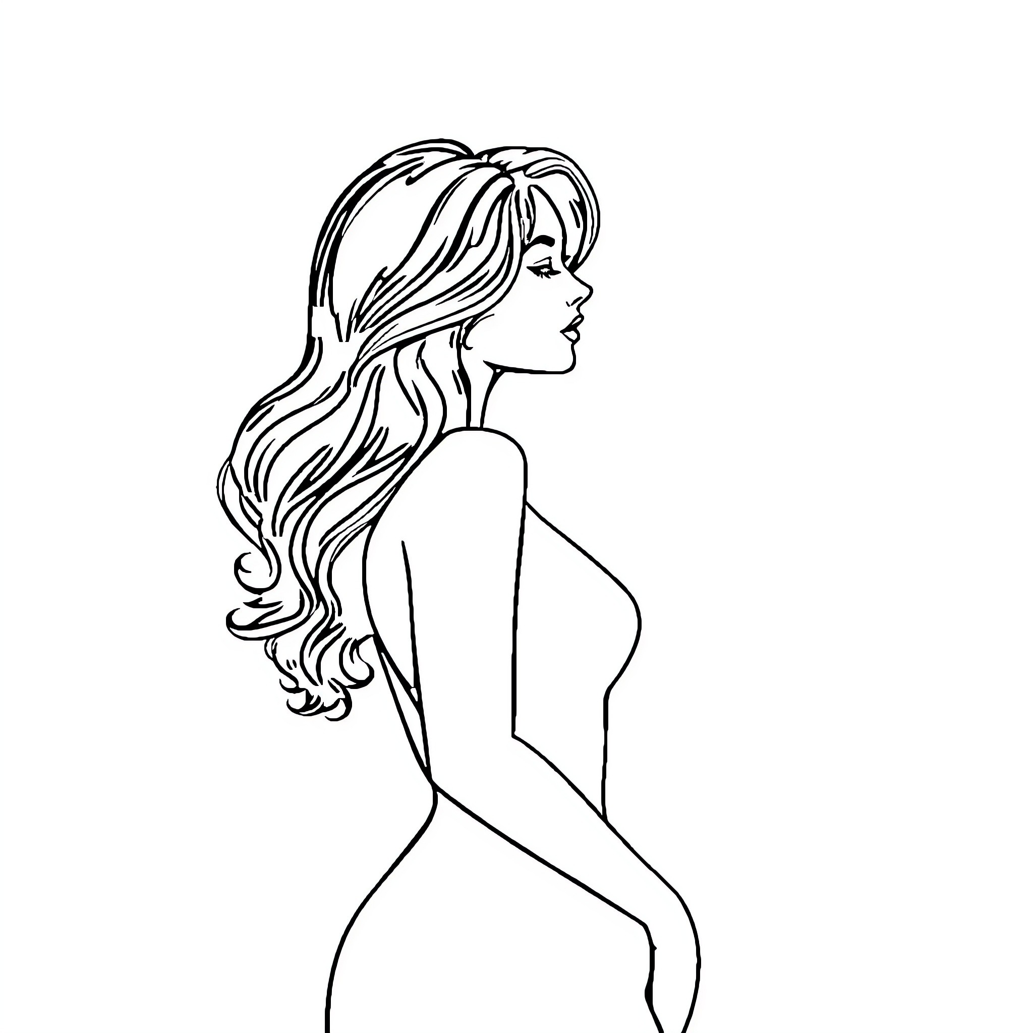 Woman with long, flowing hair Coloring Page (free black-and-white line drawing printable PDF for all, from beginners to advanced learners, including children, teens, adults, and seniors)
