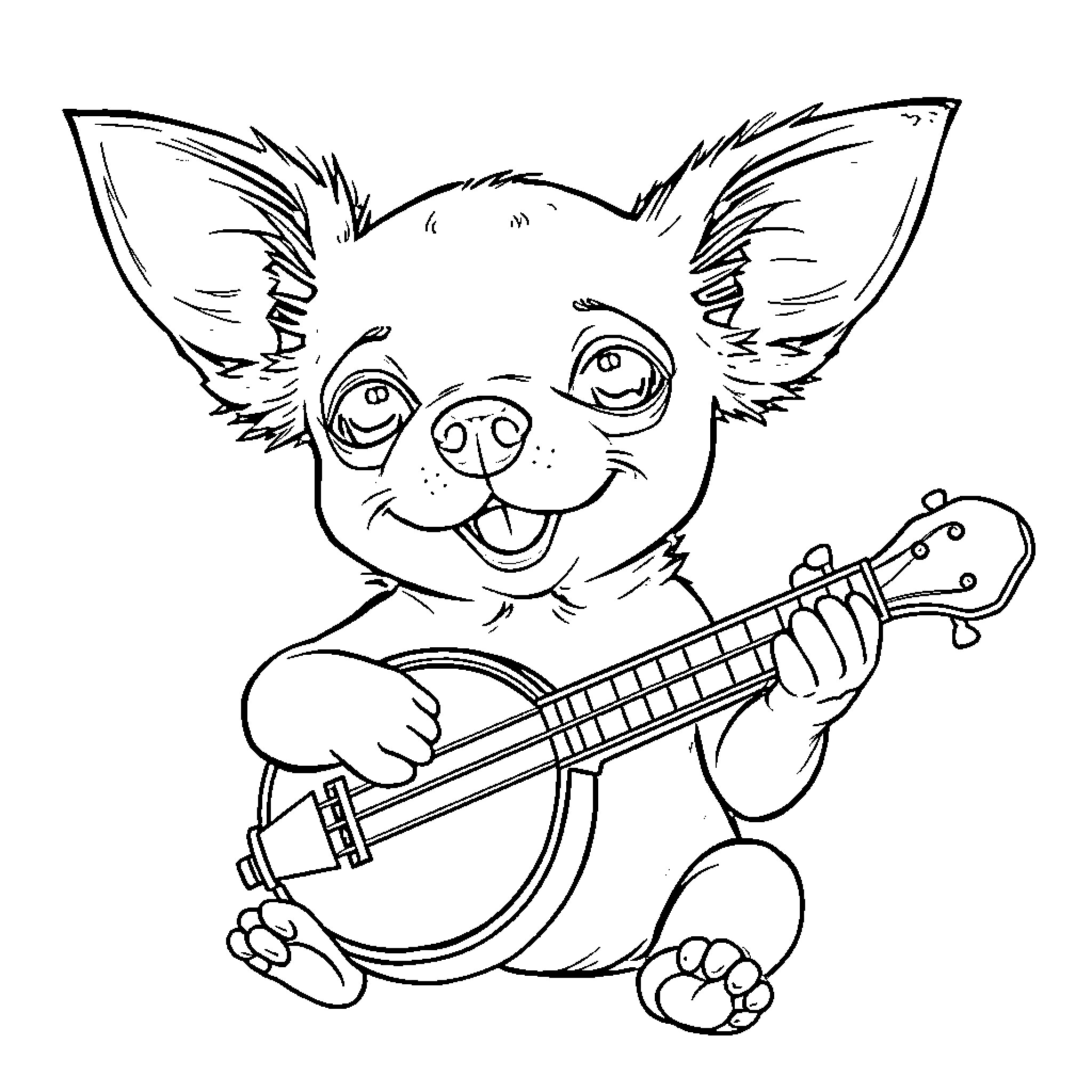 Chihuahua playing the banjo with enthusiasm Coloring Page (free black-and-white line drawing printable PDF for all, from beginners to advanced learners, including children, teens, adults, and seniors)