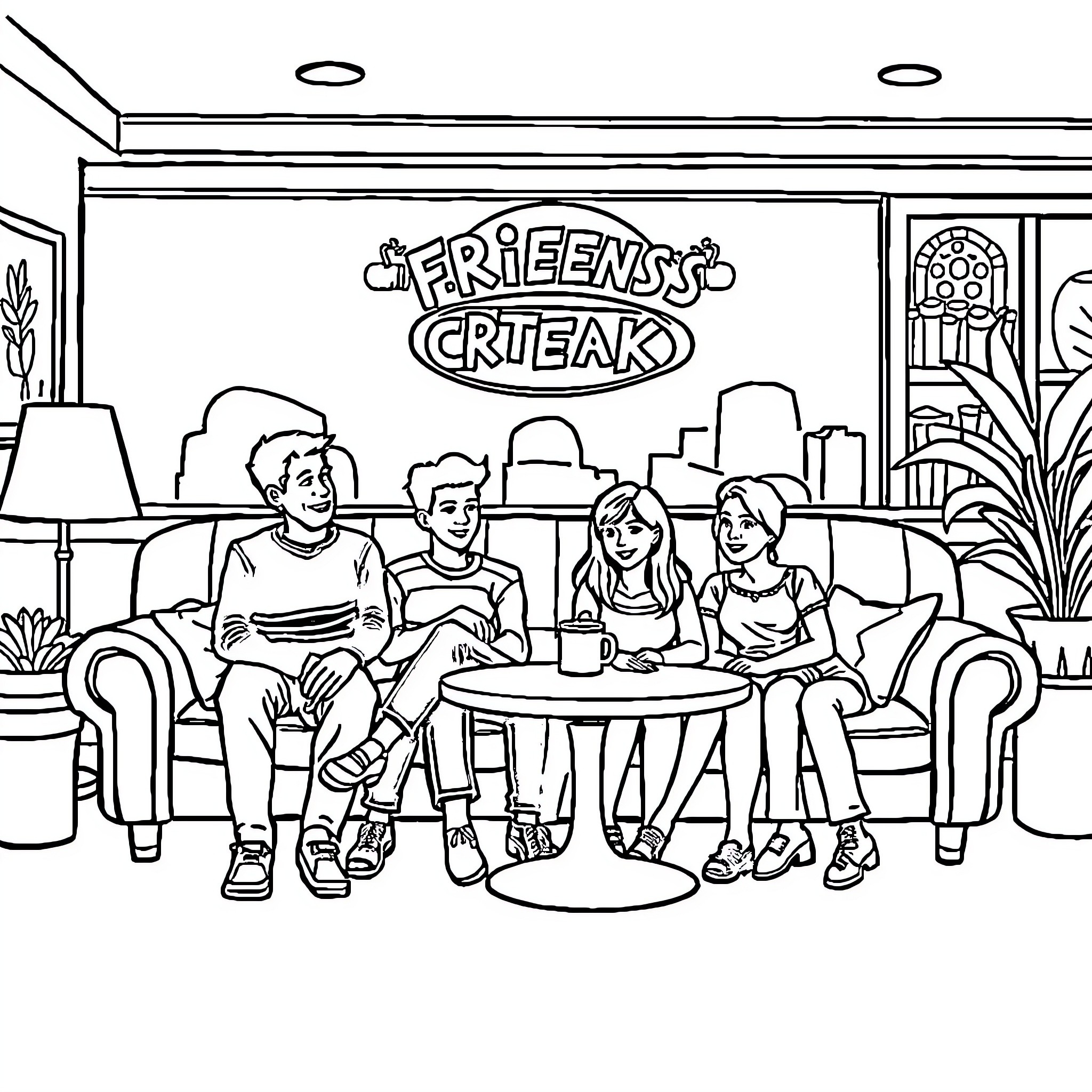 Friend's Cozy Hangout at the Creak Coloring Page (free black-and-white line drawing printable PDF for all, from beginners to advanced learners, including children, teens, adults, and seniors)