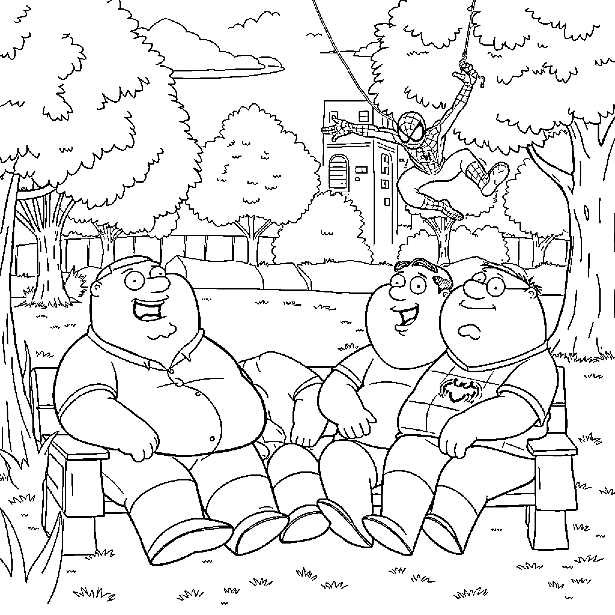 Family Guy characters relaxing outdoors in a park setting Coloring Page (free black-and-white line drawing printable PDF for all, from beginners to advanced learners, including children, teens, adults, and seniors)
