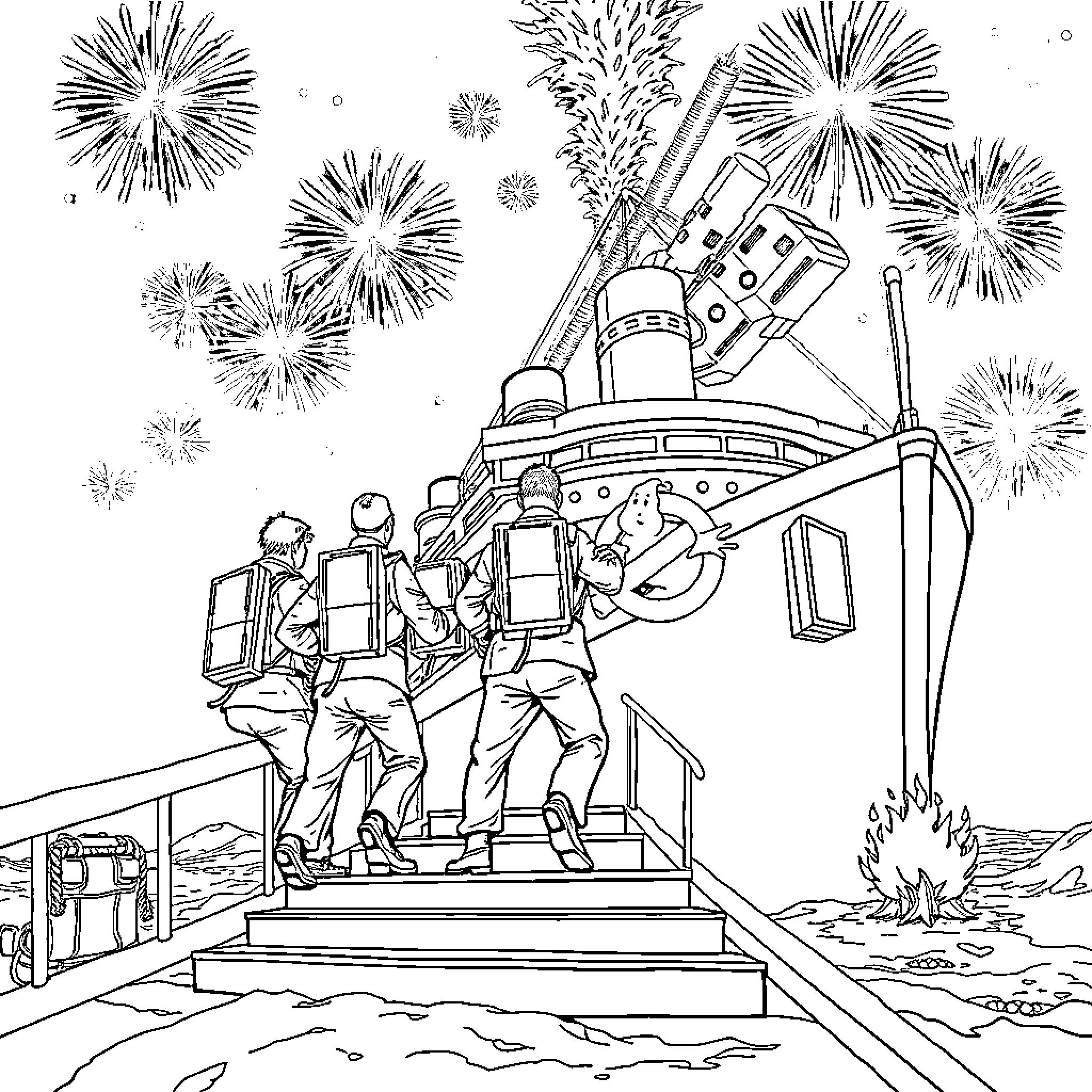 Ghostbusters battle ghosts with fireworks in the sky Coloring Page (free black-and-white line drawing printable PDF for all, from beginners to advanced learners, including children, teens, adults, and seniors)