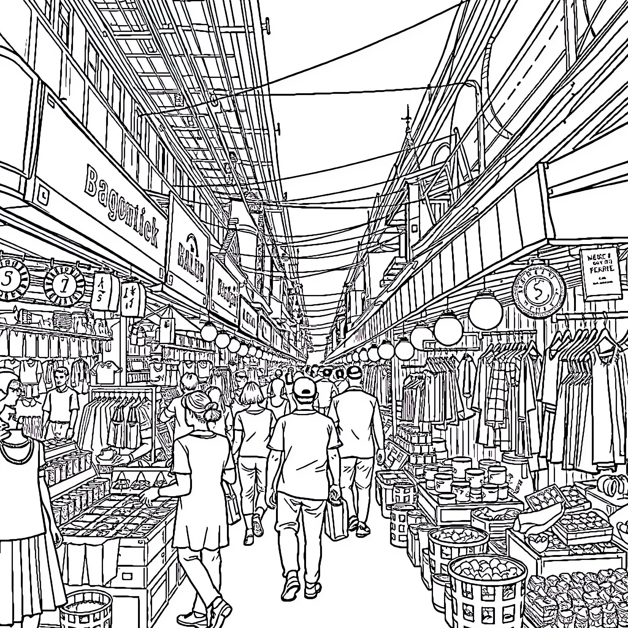 Bustling Market Scene of Diverse Shoppers and Vendors Coloring Page (free black-and-white line drawing printable PDF for all, from beginners to advanced learners, including children, teens, adults, and seniors)