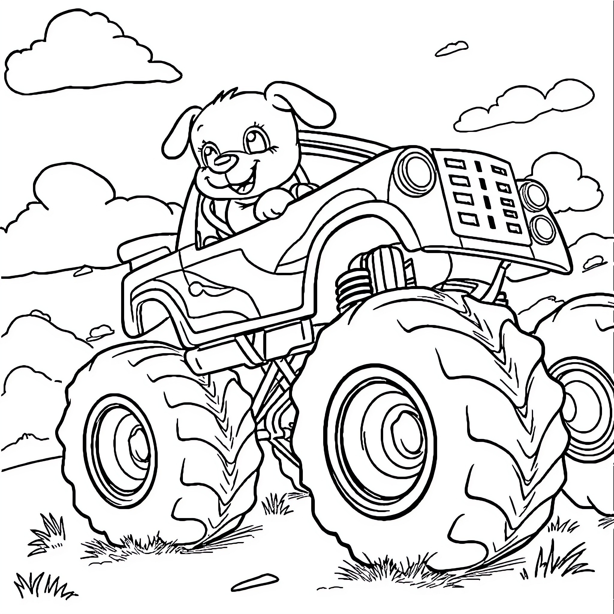Puppy driving a monster truck in the countryside Coloring Page (free black-and-white line drawing printable PDF for all, from beginners to advanced learners, including children, teens, adults, and seniors)