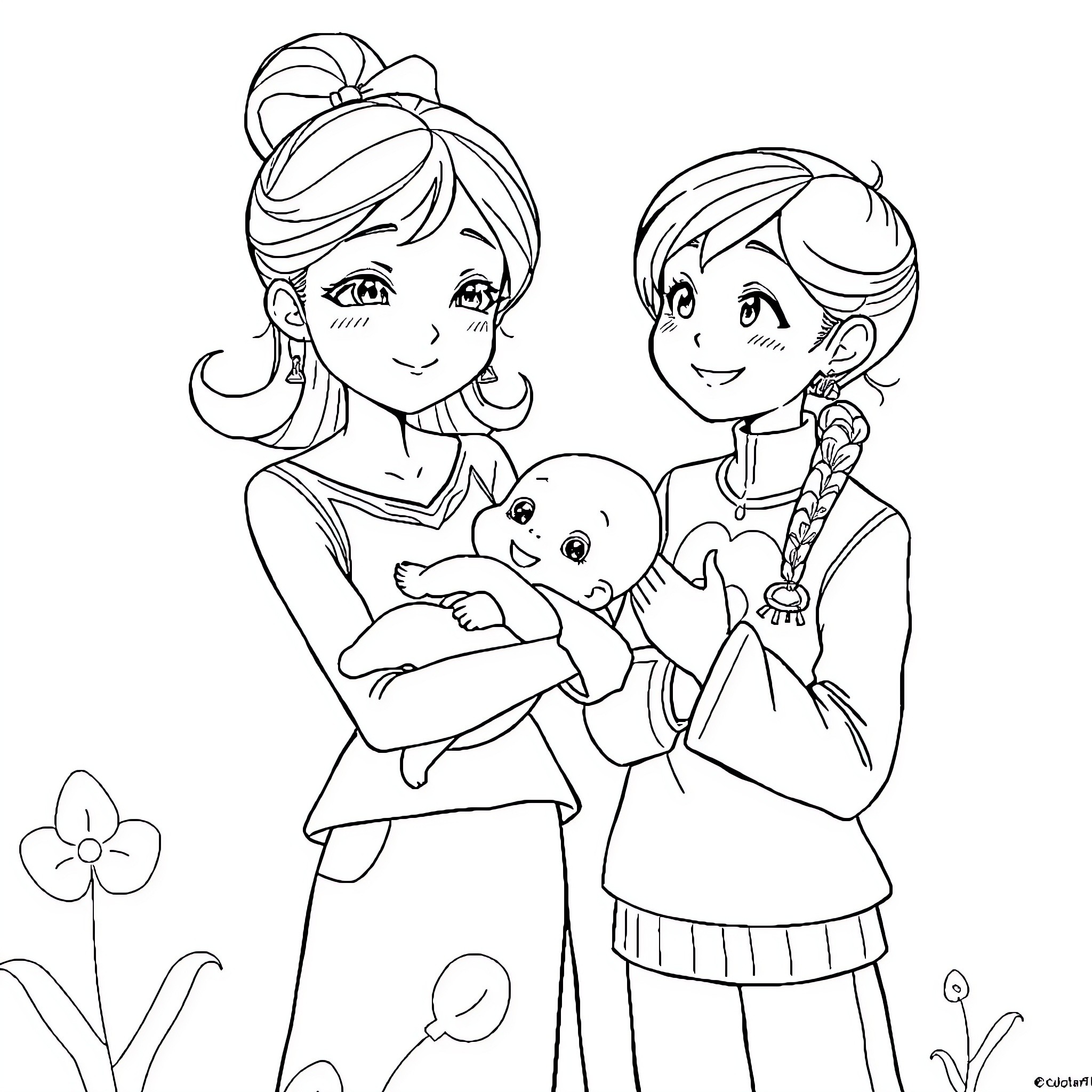 Jun Hee and friends sharing a happy moment Coloring Page (free black-and-white line drawing printable PDF for all, from beginners to advanced learners, including children, teens, adults, and seniors)