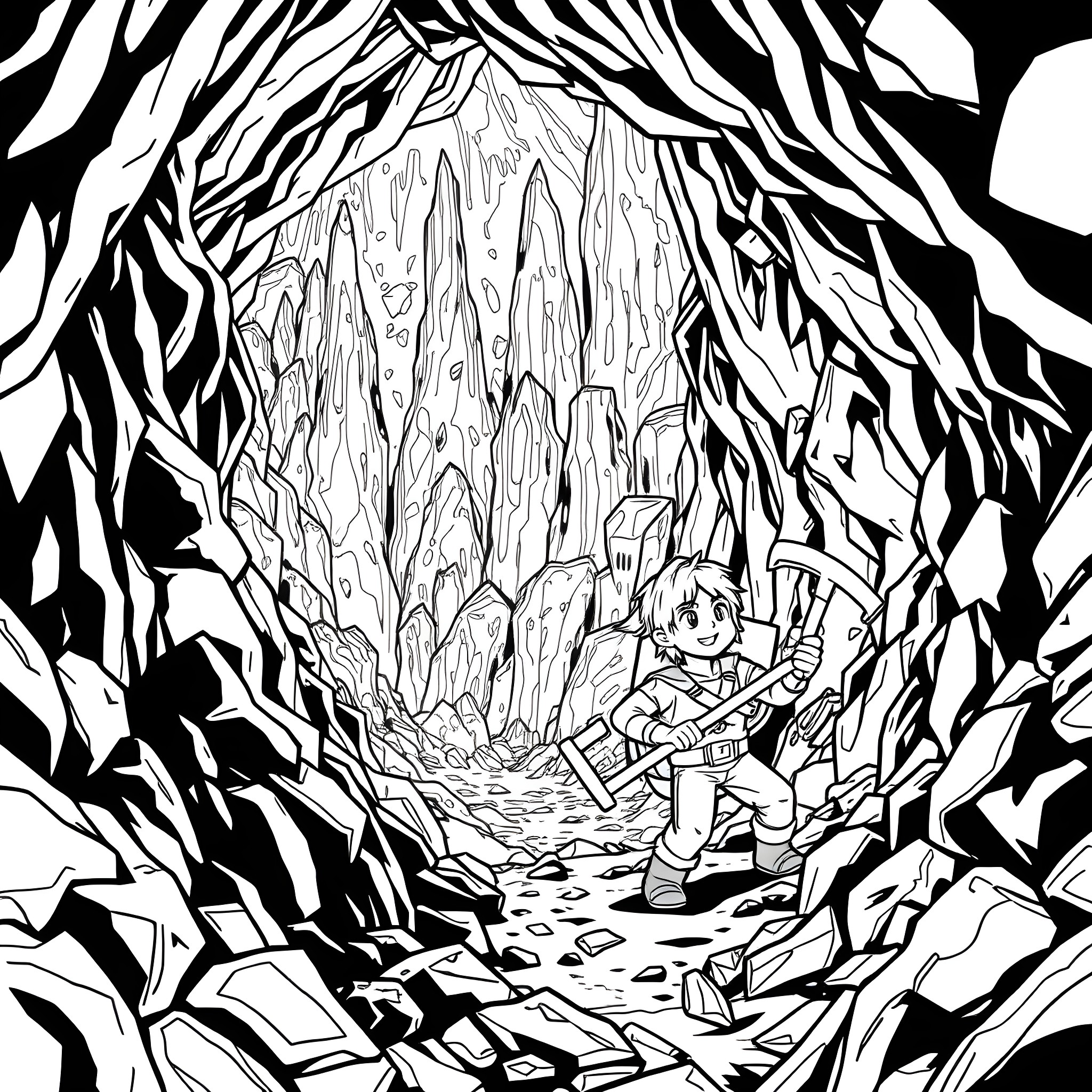 Minecraft Characters Exploring a Mysterious Cave Coloring Page (free black-and-white line drawing printable PDF for all, from beginners to advanced learners, including children, teens, adults, and seniors)