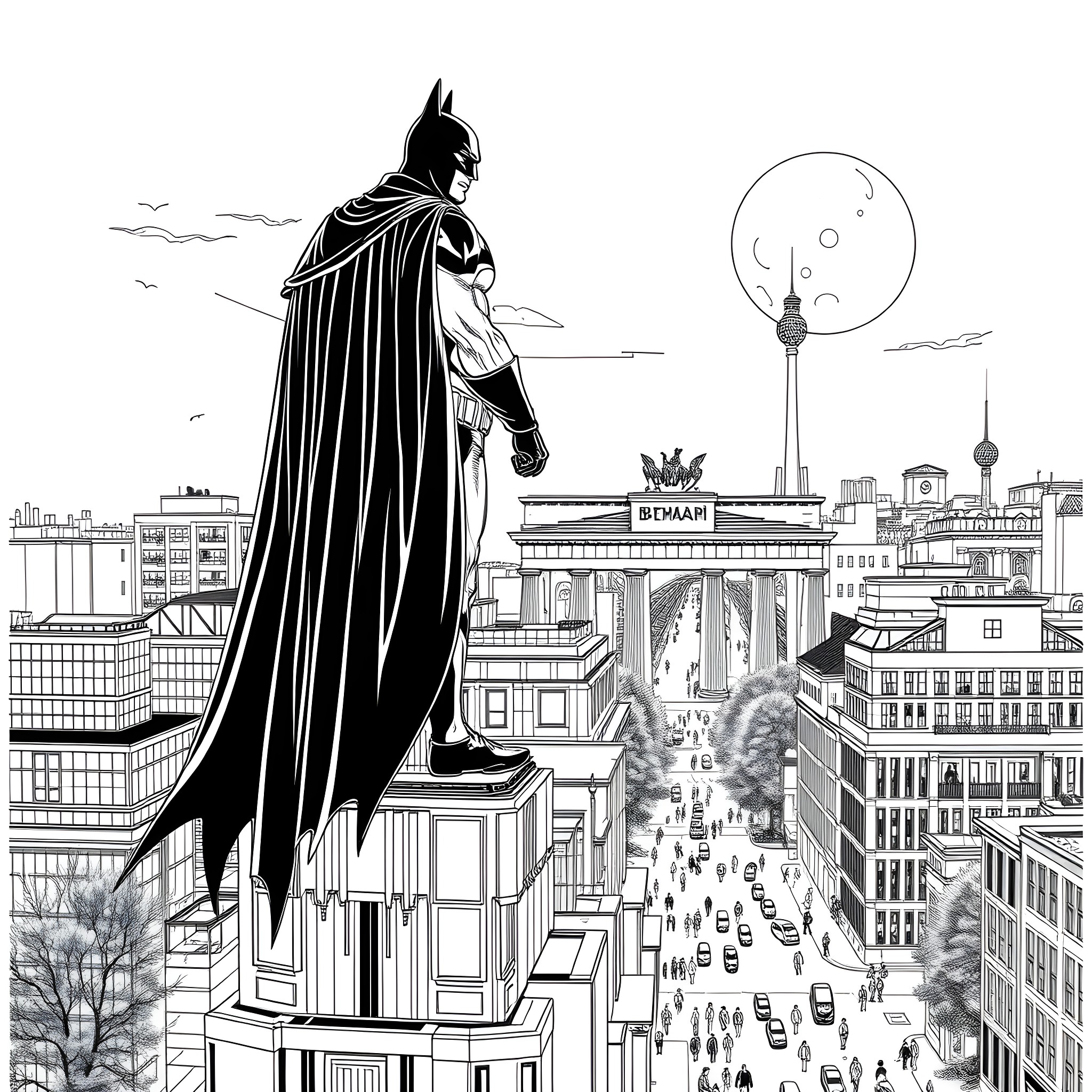 Batman overlooking the bustling city at night Coloring Page (free black-and-white line drawing printable PDF for all, from beginners to advanced learners, including children, teens, adults, and seniors)