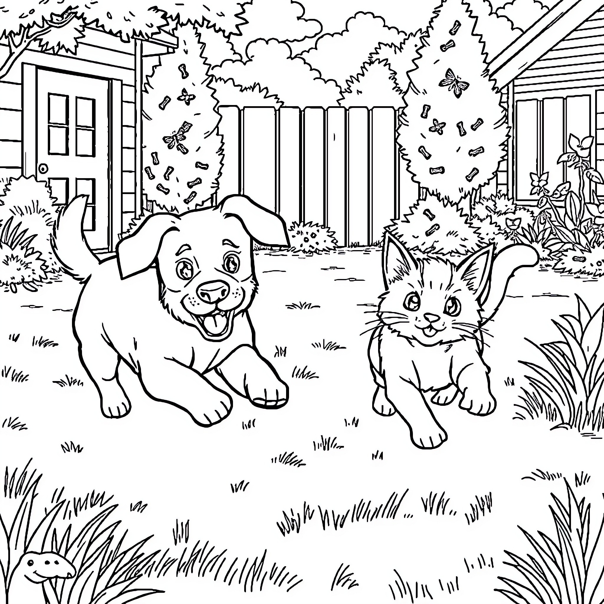 Dog and Cat Playing Happily in Backyard Coloring Page (free black-and-white line drawing printable PDF for all, from beginners to advanced learners, including children, teens, adults, and seniors)
