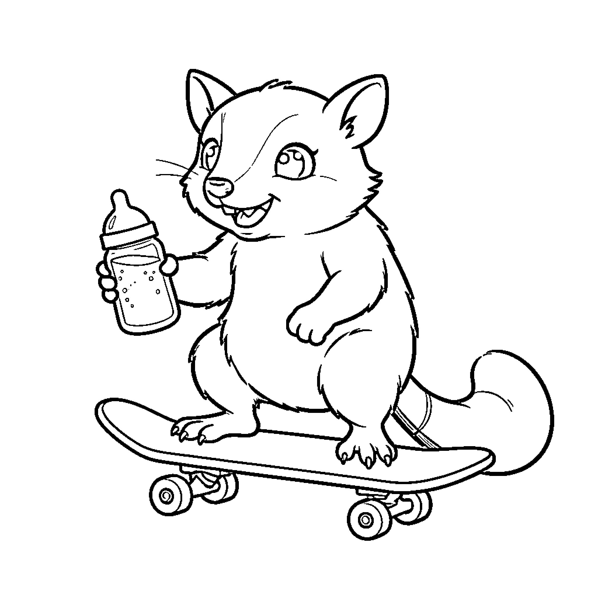 Suricate riding skateboard with baby bottle Coloring Page (free black-and-white line drawing printable PDF for all, from beginners to advanced learners, including children, teens, adults, and seniors)