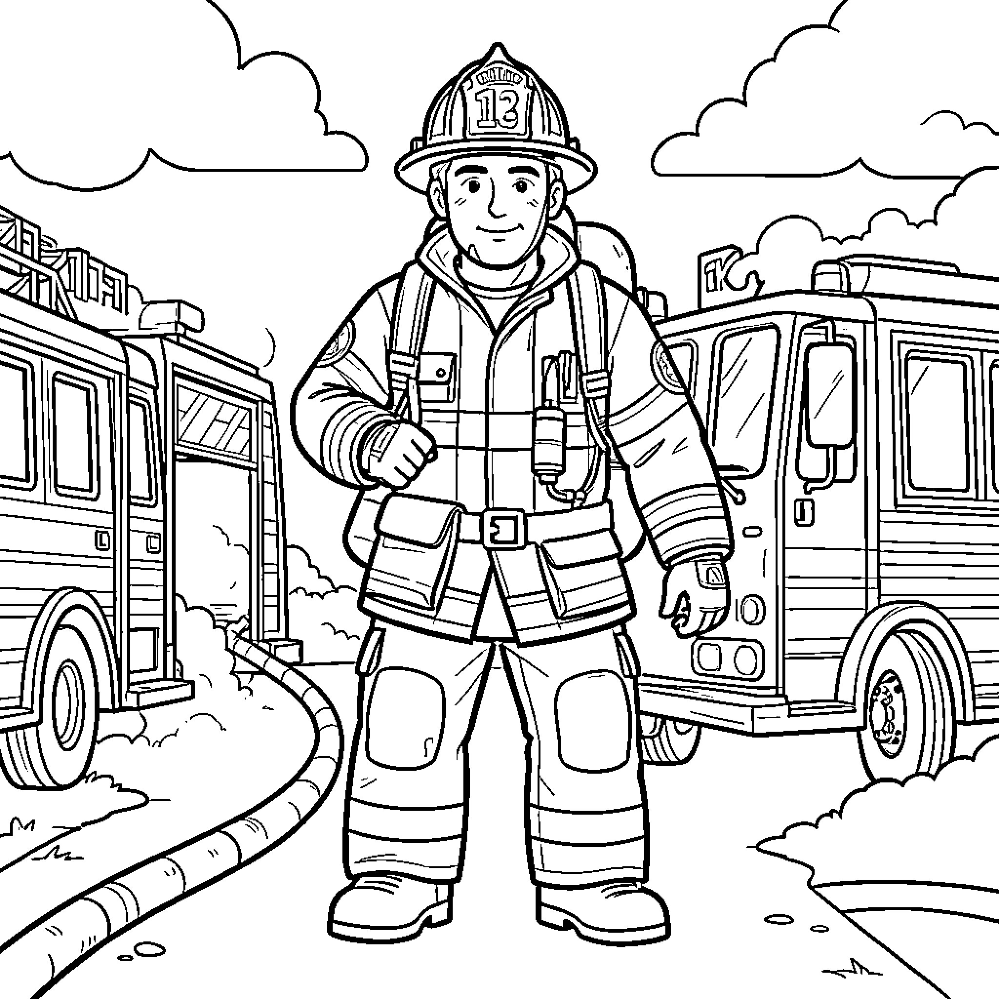 Firefighter standing proudly in front of fire trucks Coloring Page (free black-and-white line drawing printable PDF for all, from beginners to advanced learners, including children, teens, adults, and seniors)