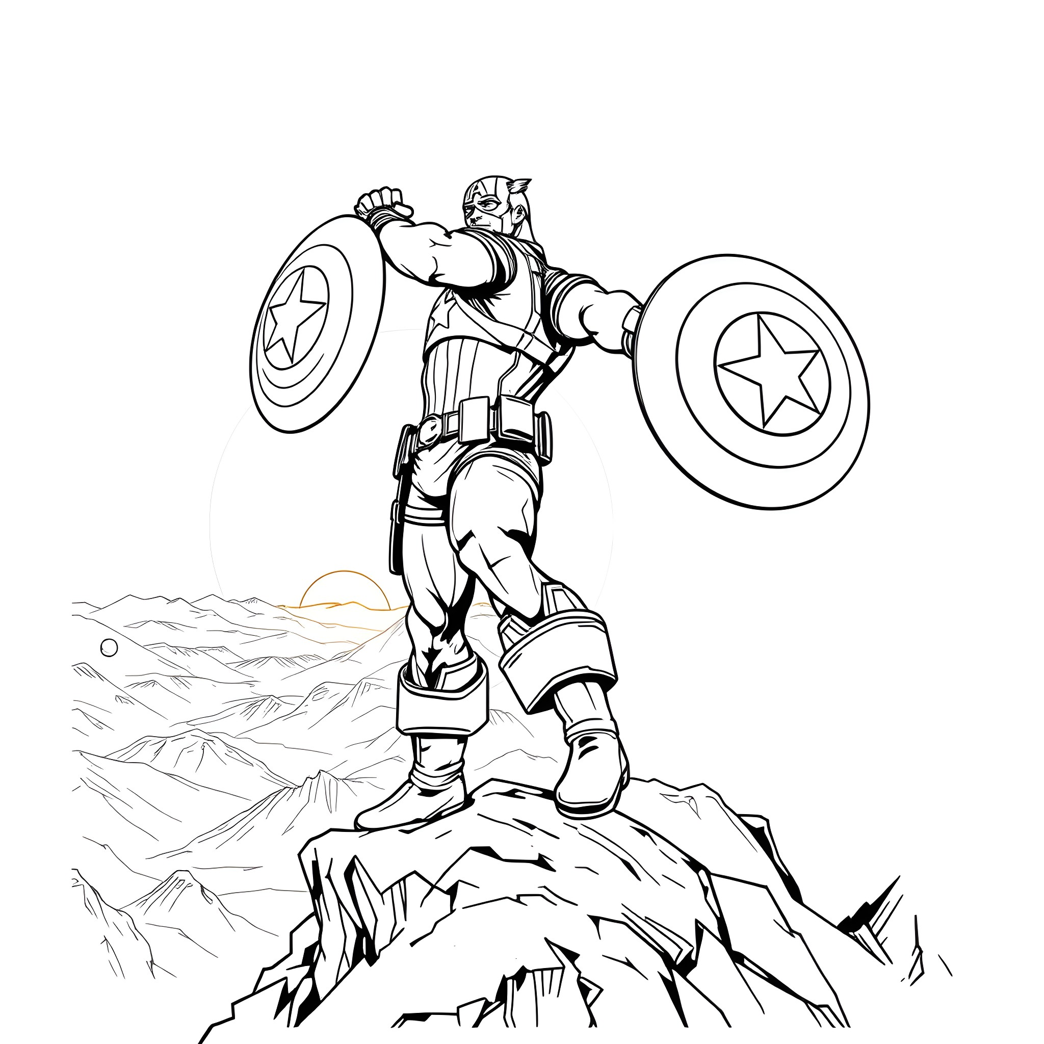 Captain America Stands Tall on a Cliff Coloring Page (free black-and-white line drawing printable PDF for all, from beginners to advanced learners, including children, teens, adults, and seniors)
