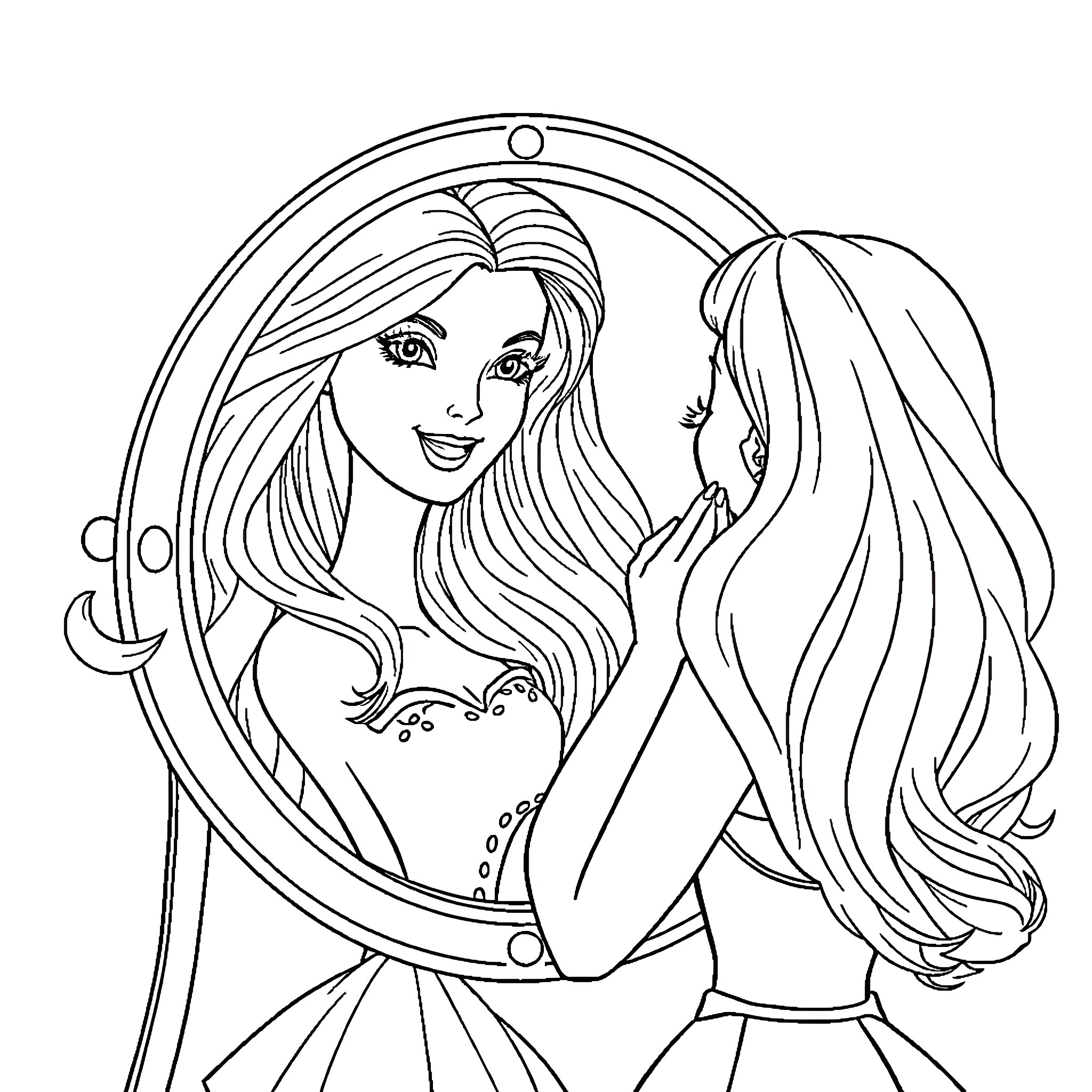 Barbie admiring her reflection in the mirror Coloring Page (free black-and-white line drawing printable PDF for all, from beginners to advanced learners, including children, teens, adults, and seniors)