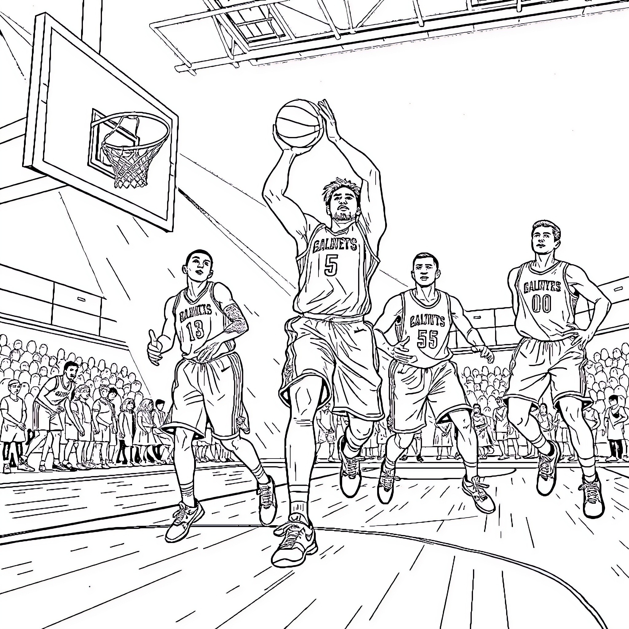 Basketball players competing on the court Coloring Page (free black-and-white line drawing printable PDF for all, from beginners to advanced learners, including children, teens, adults, and seniors)