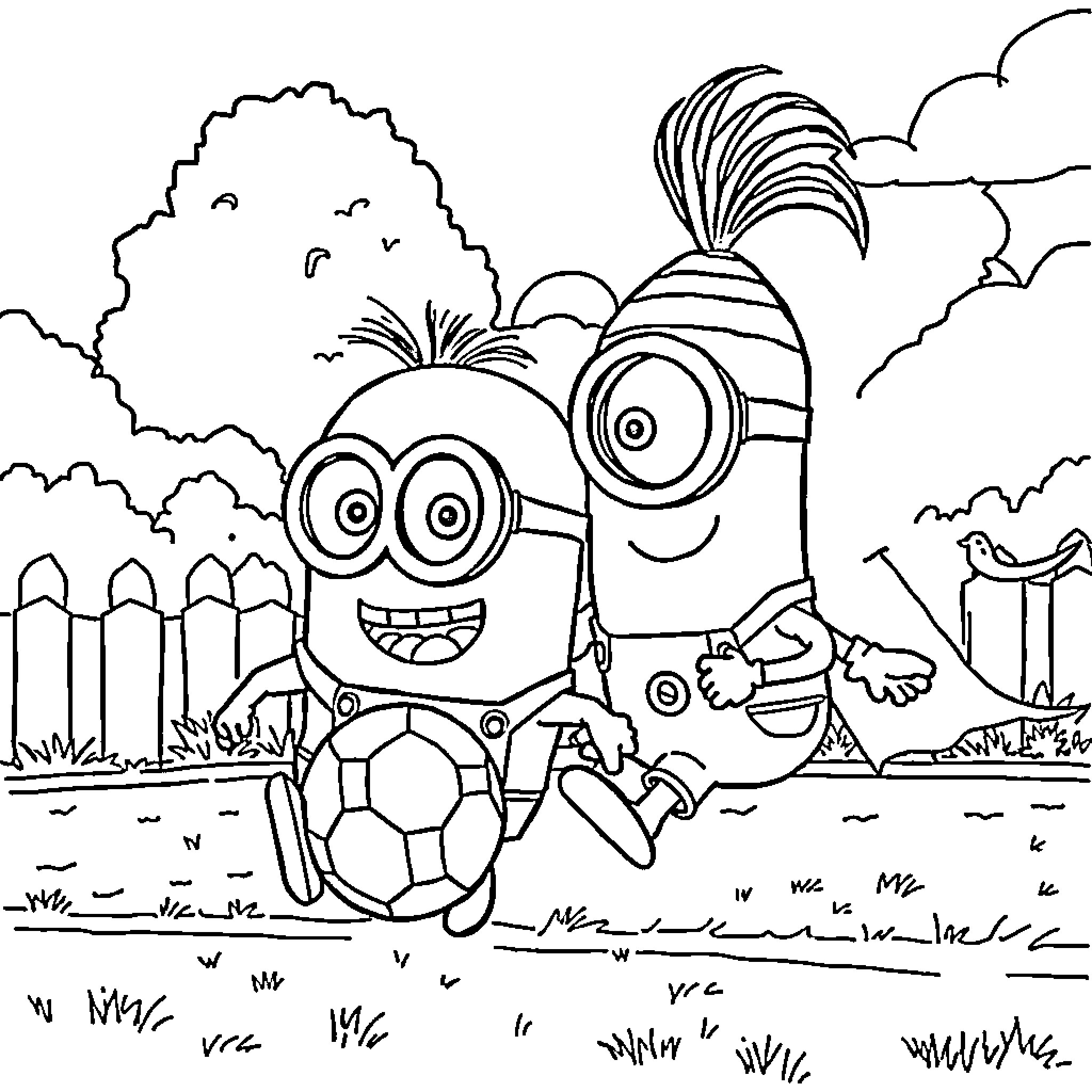 Minion characters playing with soccer ball in a scenic outdoor setting Coloring Page (free black-and-white line drawing printable PDF for all, from beginners to advanced learners, including children, teens, adults, and seniors)