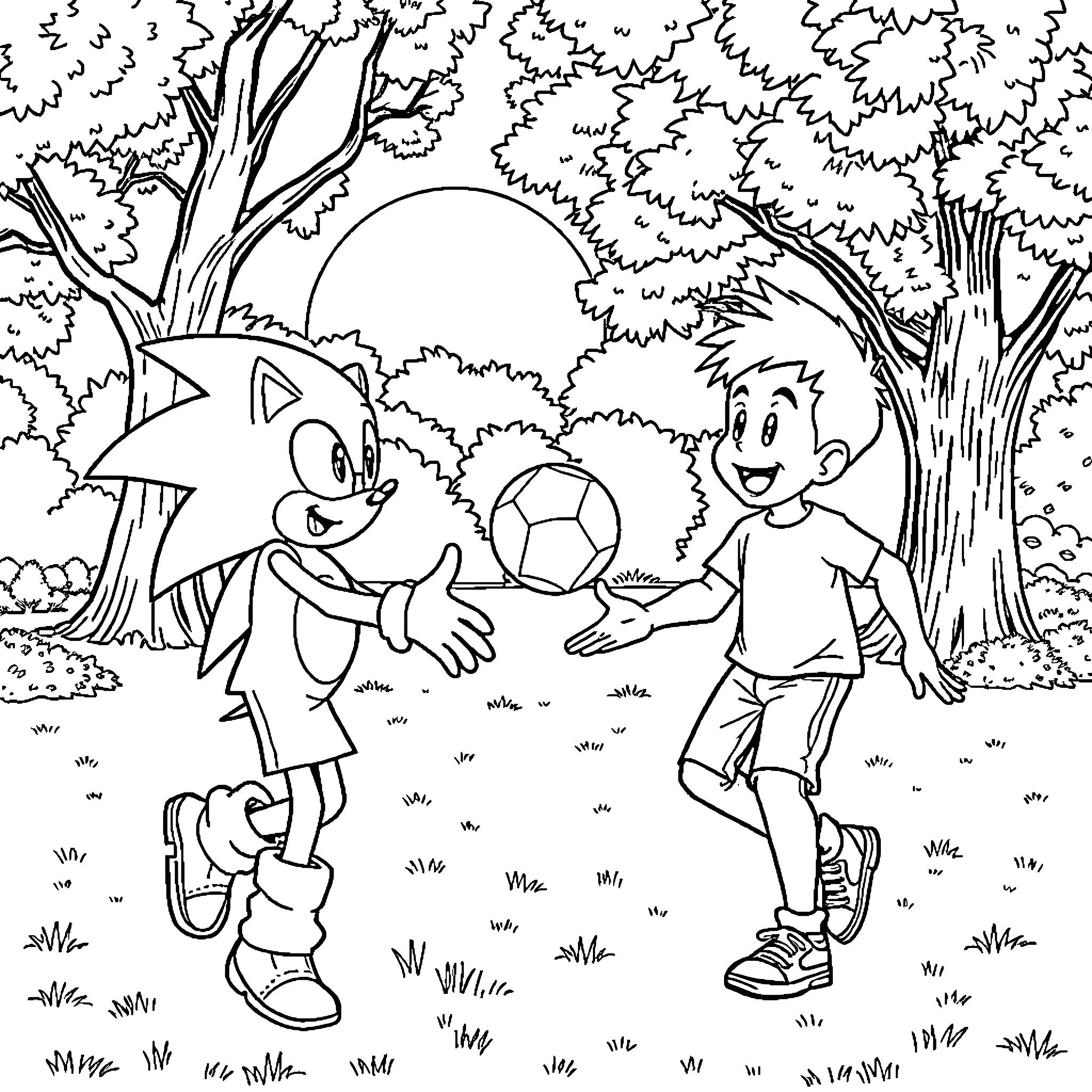 Boy playing soccer with animal friend in forest Coloring Page (free black-and-white line drawing printable PDF for all, from beginners to advanced learners, including children, teens, adults, and seniors)