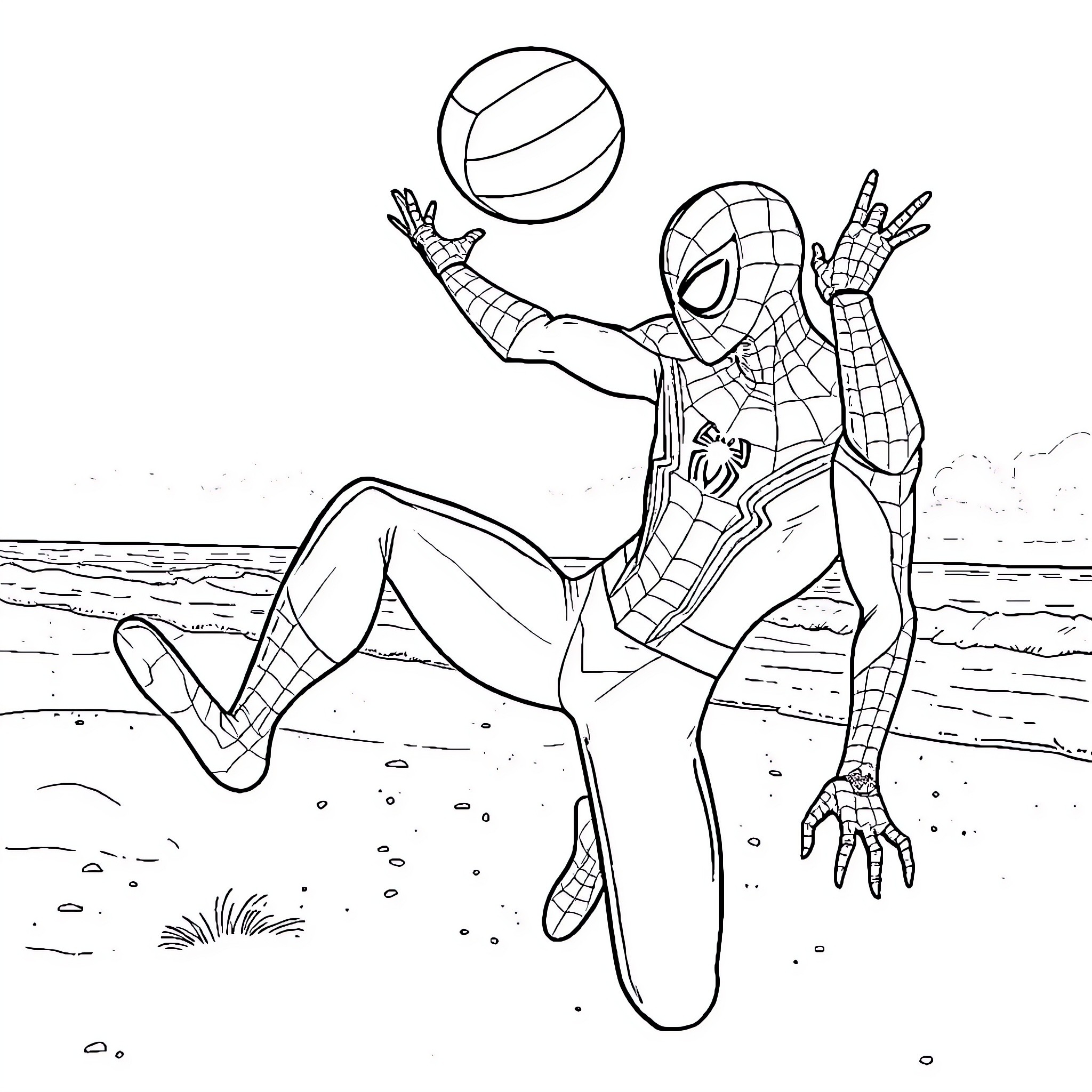 Spiderman playing volleyball on the beach Coloring Page (free black-and-white line drawing printable PDF for all, from beginners to advanced learners, including children, teens, adults, and seniors)