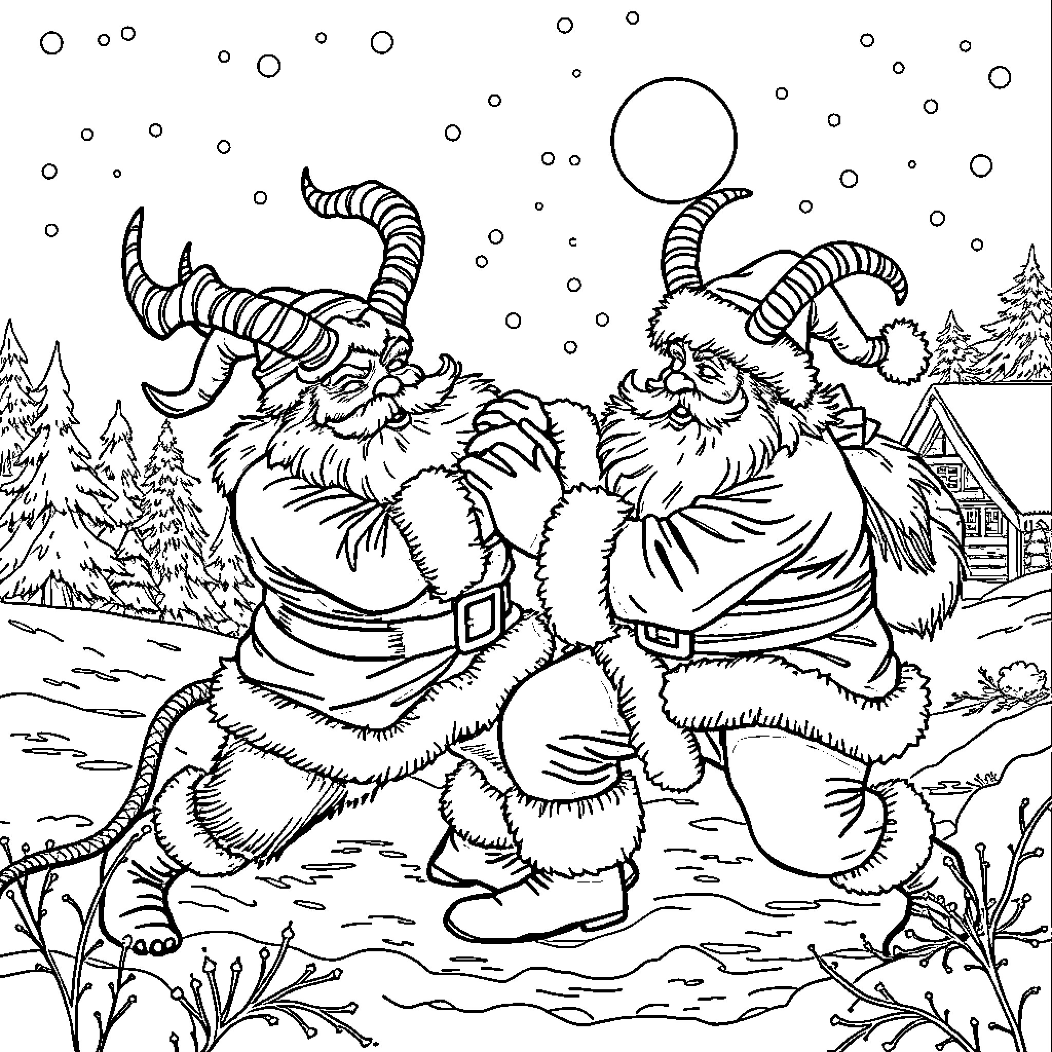 Santa and his reindeer playing in the snow Coloring Page (free black-and-white line drawing printable PDF for all, from beginners to advanced learners, including children, teens, adults, and seniors)