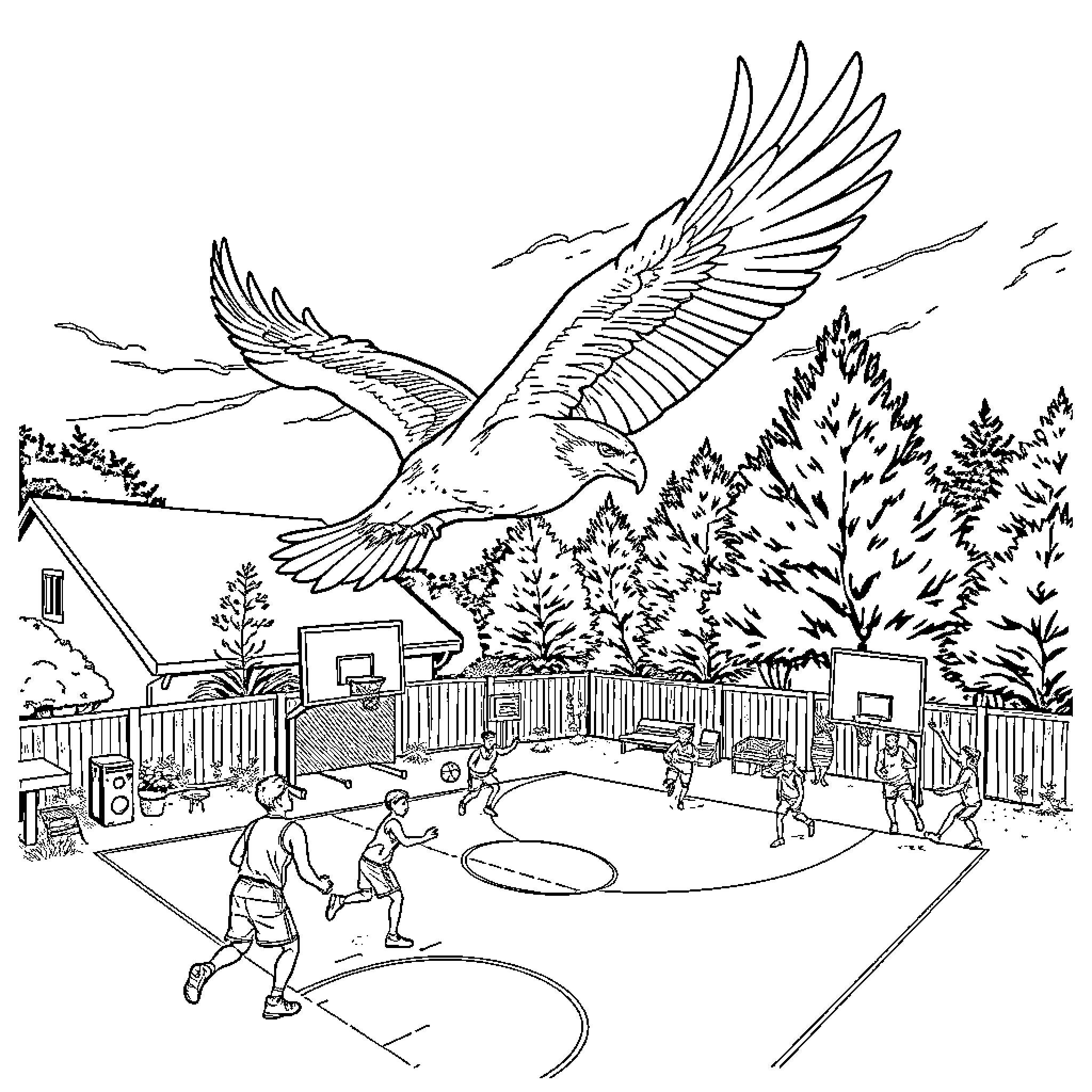 Eagle soaring over a bustling basketball court Coloring Page (free black-and-white line drawing printable PDF for all, from beginners to advanced learners, including children, teens, adults, and seniors)