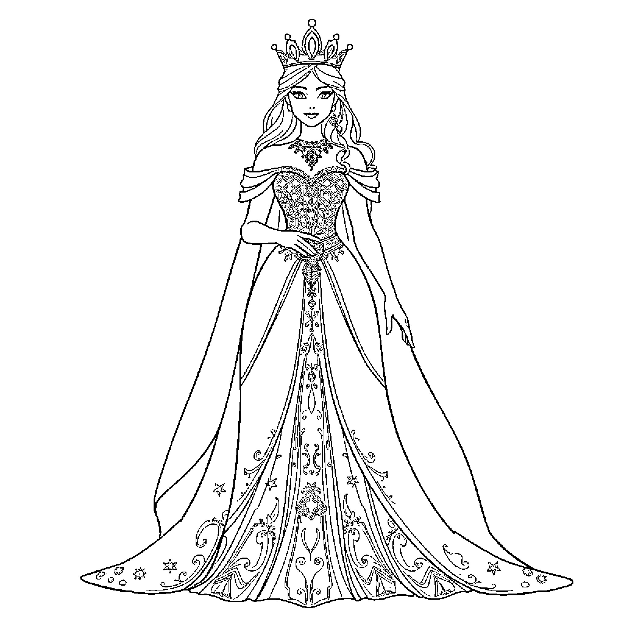 Snow Queen in Elegant Royal Attire Coloring Page (free black-and-white line drawing printable PDF for all, from beginners to advanced learners, including children, teens, adults, and seniors)