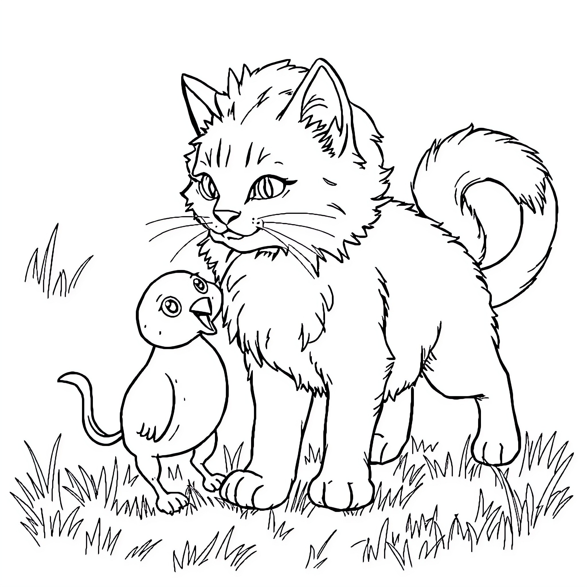 Chat of feline friends in the grassy field Coloring Page (free black-and-white line drawing printable PDF for all, from beginners to advanced learners, including children, teens, adults, and seniors)