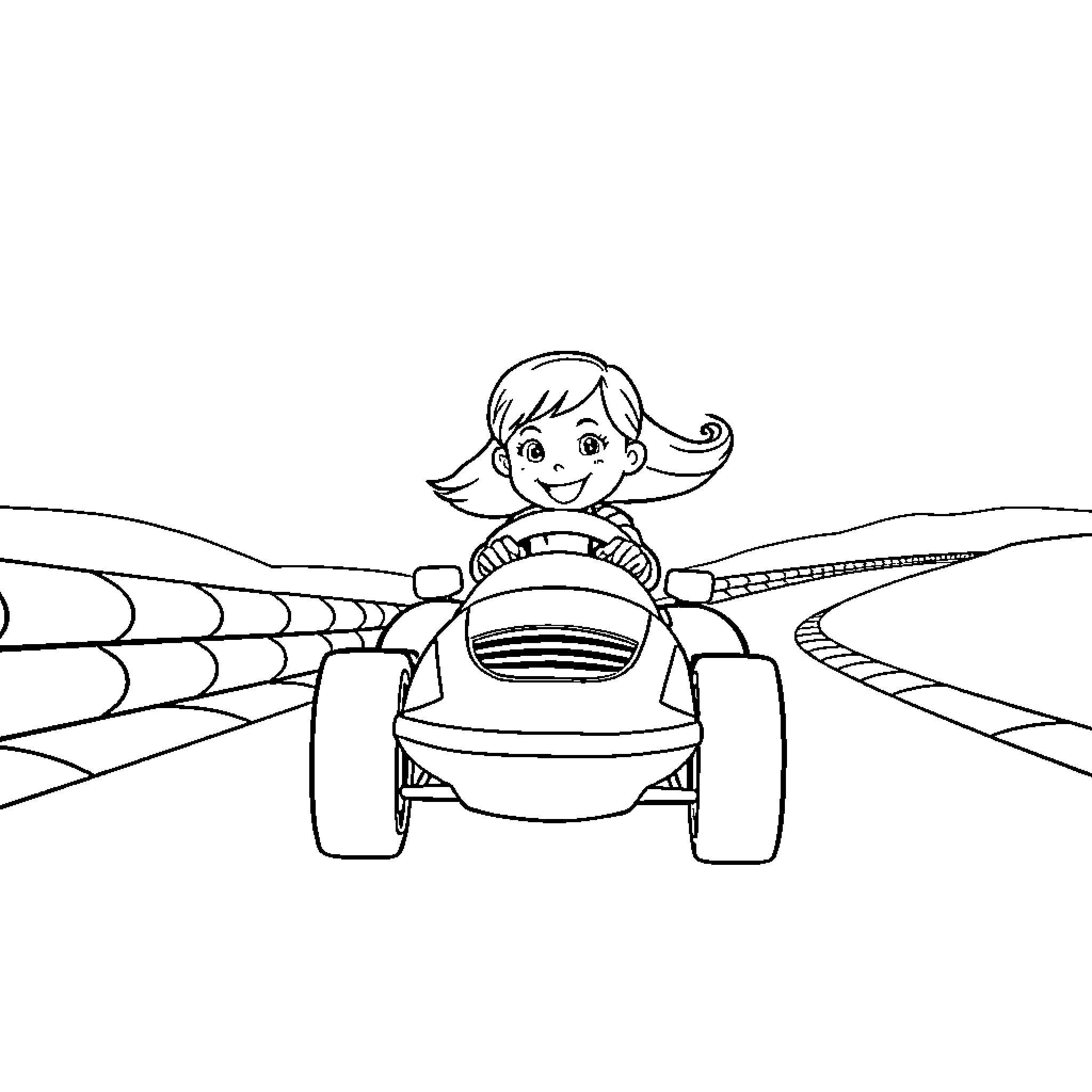 Girl driving toy car on colorful road Coloring Page (free black-and-white line drawing printable PDF for all, from beginners to advanced learners, including children, teens, adults, and seniors)