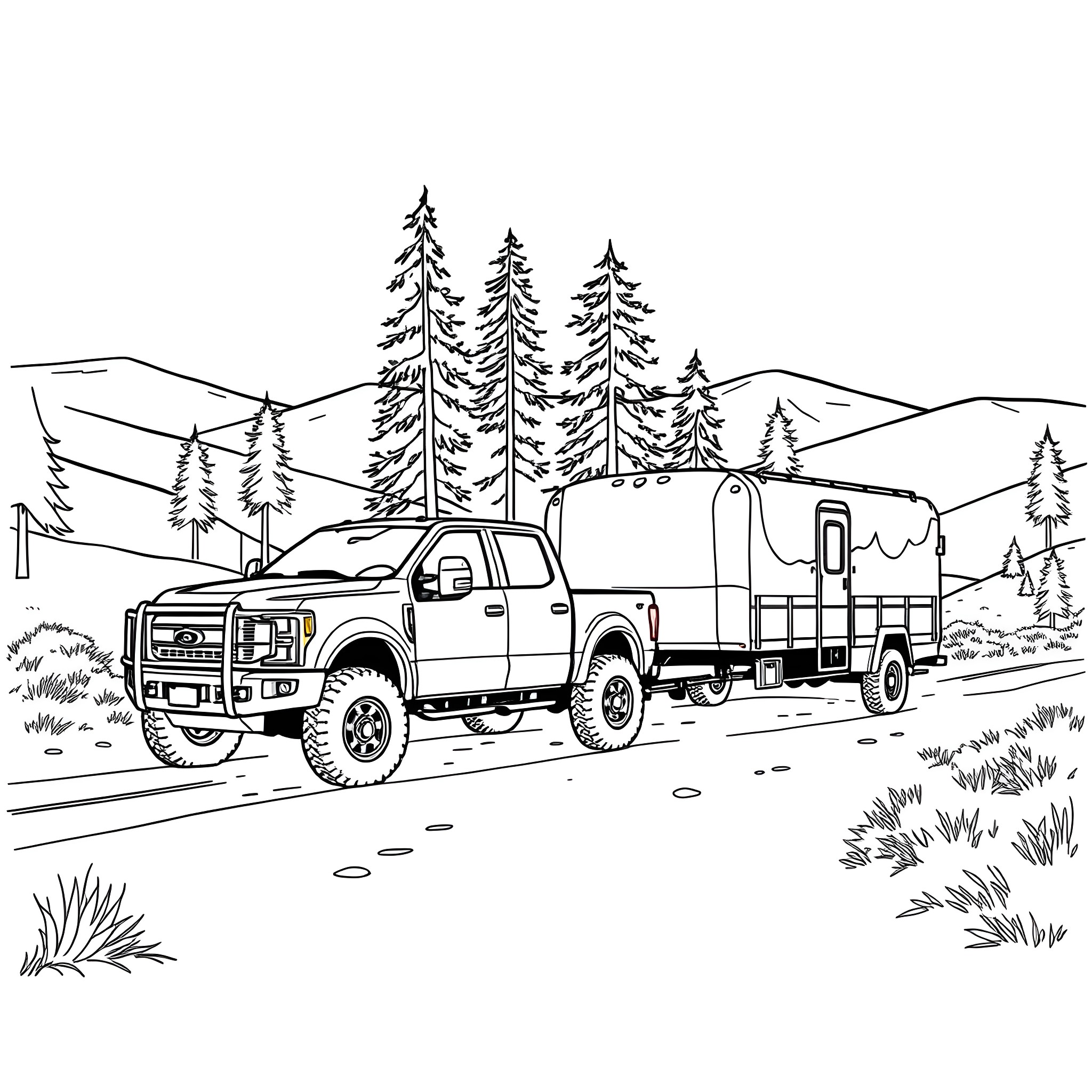 Pickup truck towing camper through rugged landscape Coloring Page (free black-and-white line drawing printable PDF for all, from beginners to advanced learners, including children, teens, adults, and seniors)