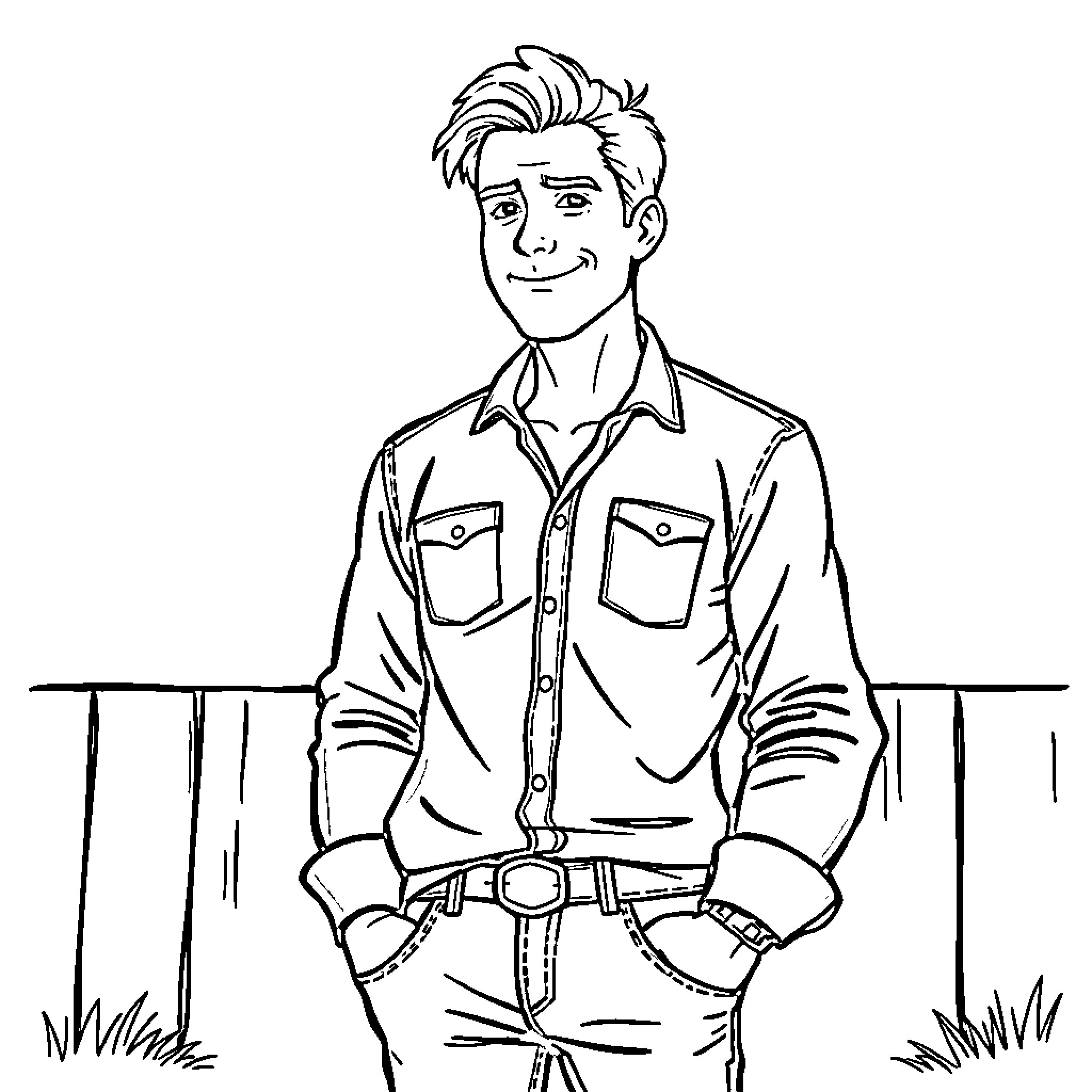 Man standing and smiling in a casual outfit Coloring Page (free black-and-white line drawing printable PDF for all, from beginners to advanced learners, including children, teens, adults, and seniors)