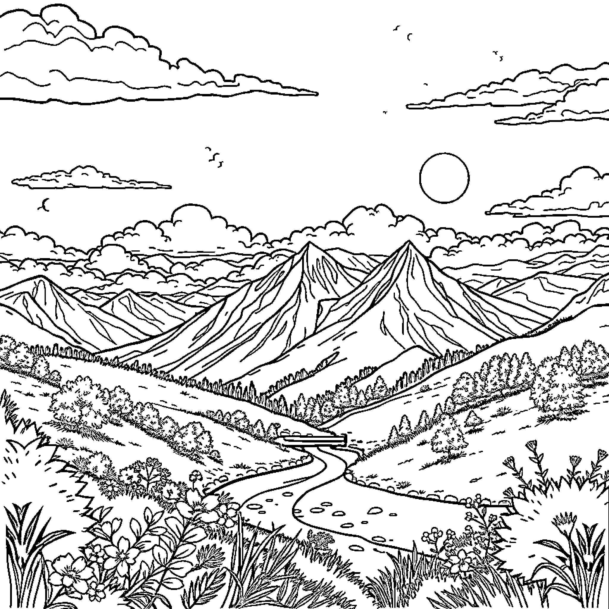 Image of a scenic mountain landscape with a winding river Coloring Page (free black-and-white line drawing printable PDF for all, from beginners to advanced learners, including children, teens, adults, and seniors)