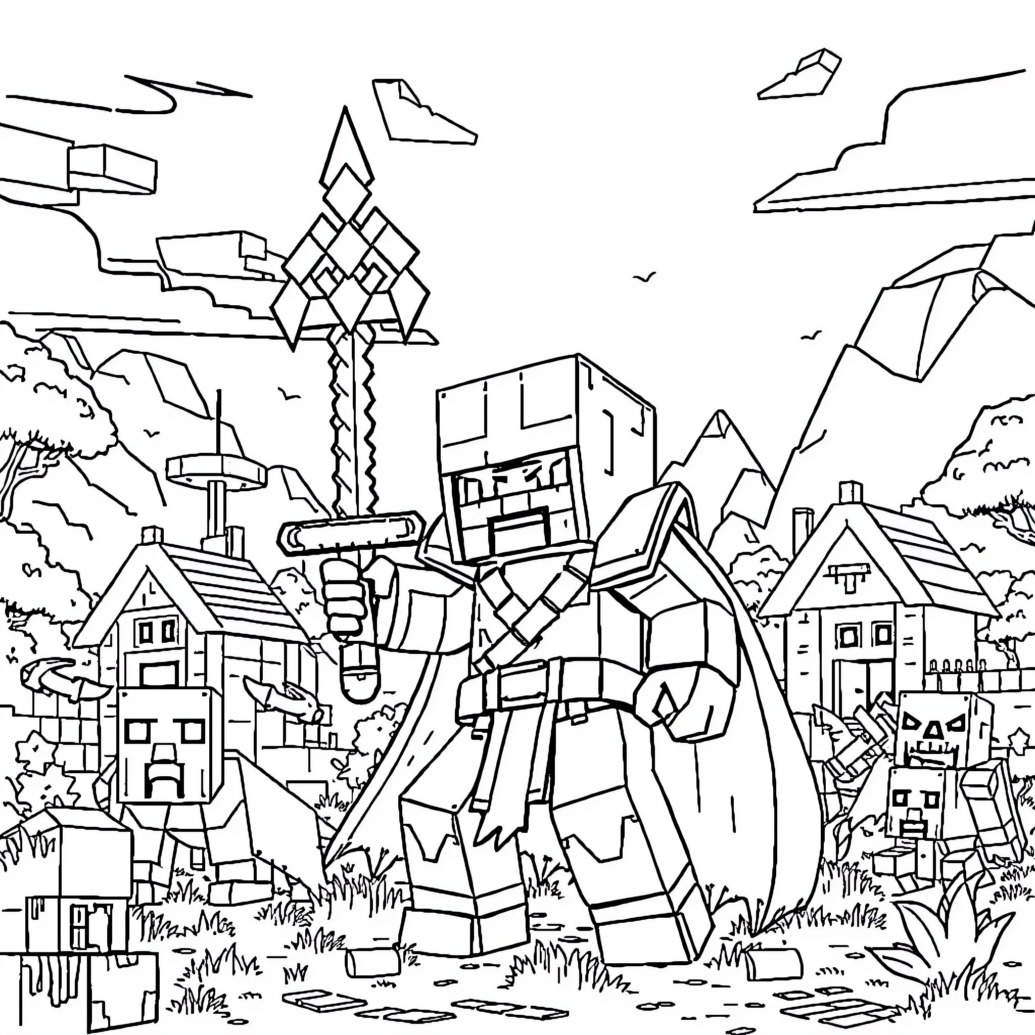 Warden guarding the fantastical town Coloring Page (free black-and-white line drawing printable PDF for all, from beginners to advanced learners, including children, teens, adults, and seniors)