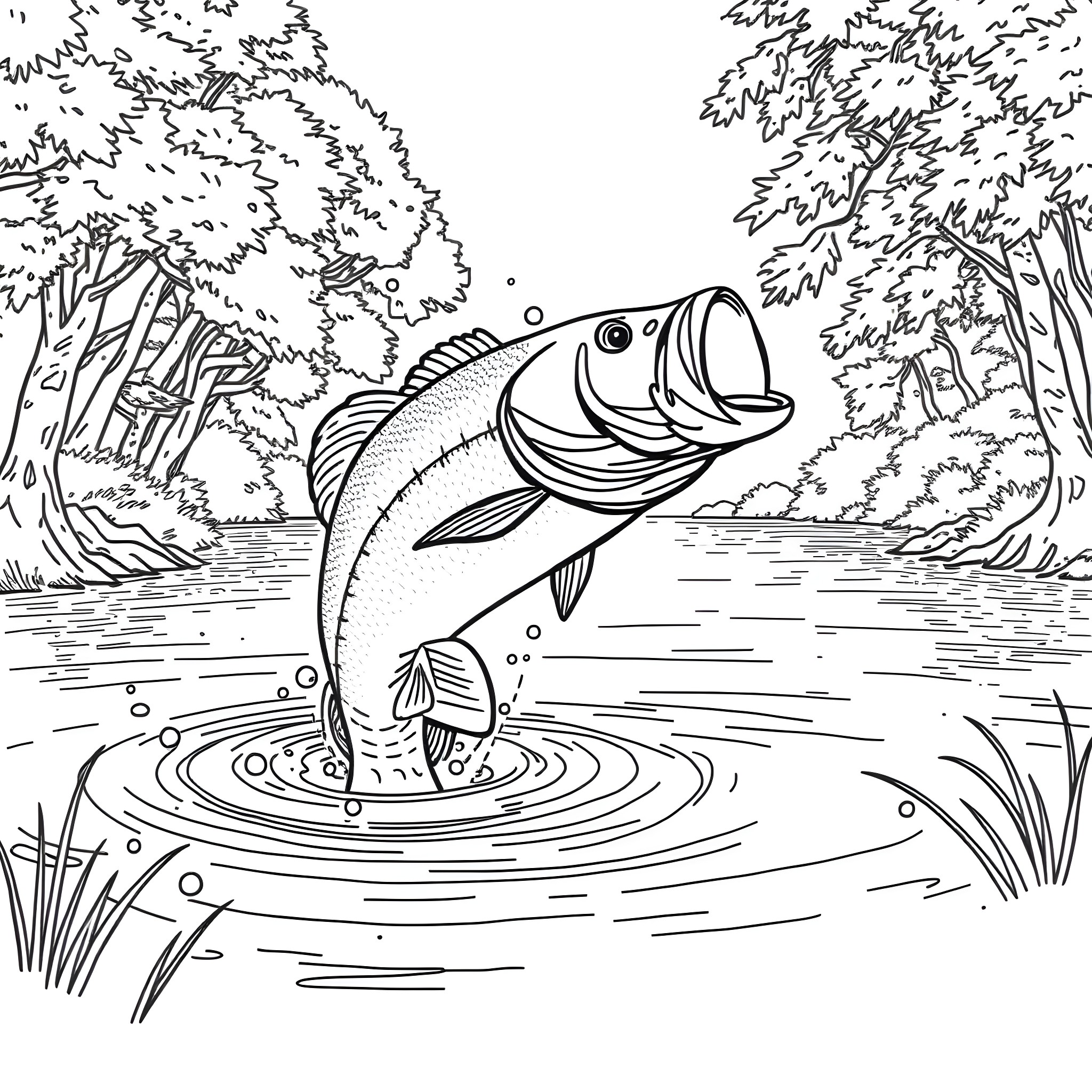 Bass jumping in forest lake Coloring Page (free black-and-white line drawing printable PDF for all, from beginners to advanced learners, including children, teens, adults, and seniors)