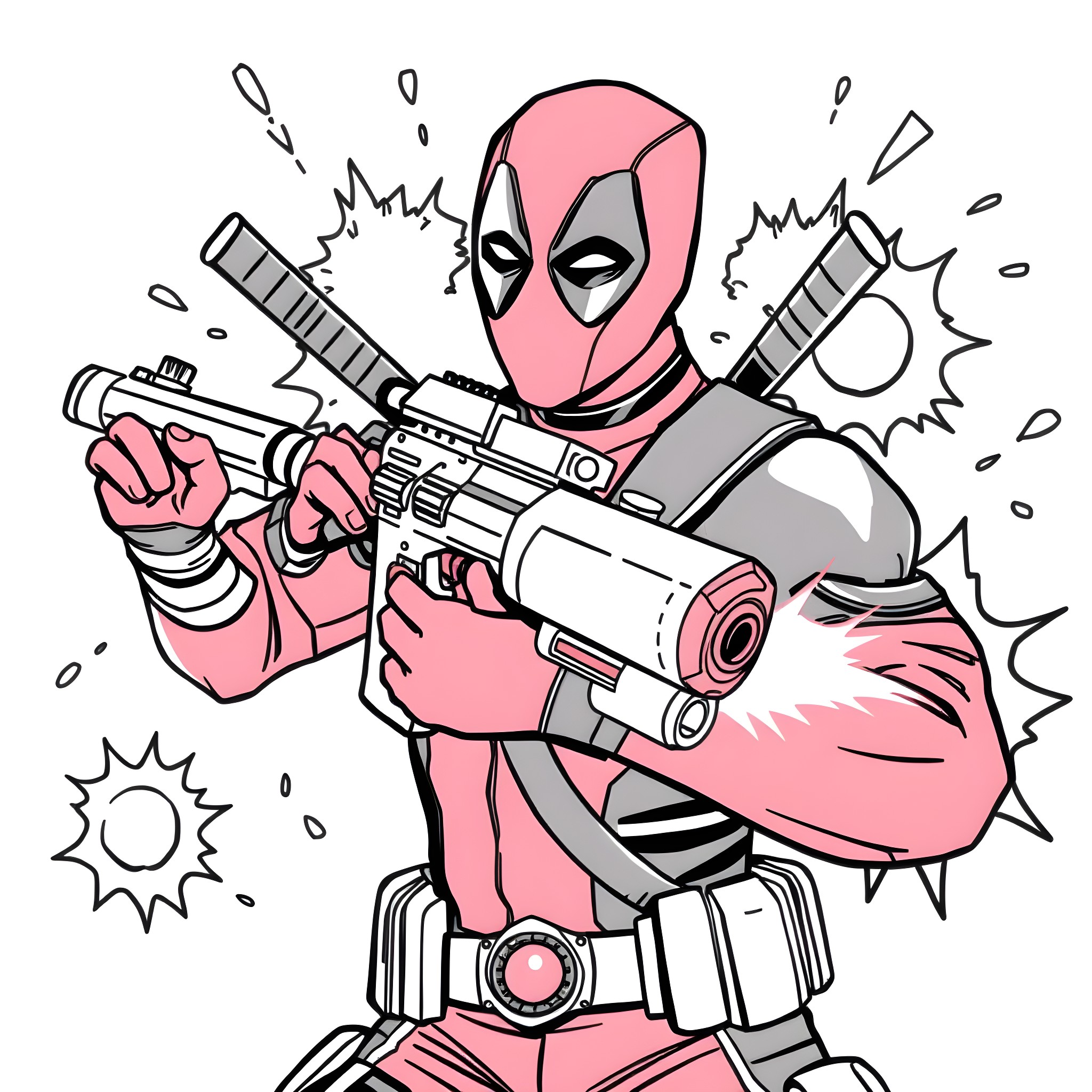 Deadpool in Action: Guns Blazing and Explosions Galore Coloring Page (free black-and-white line drawing printable PDF for all, from beginners to advanced learners, including children, teens, adults, and seniors)