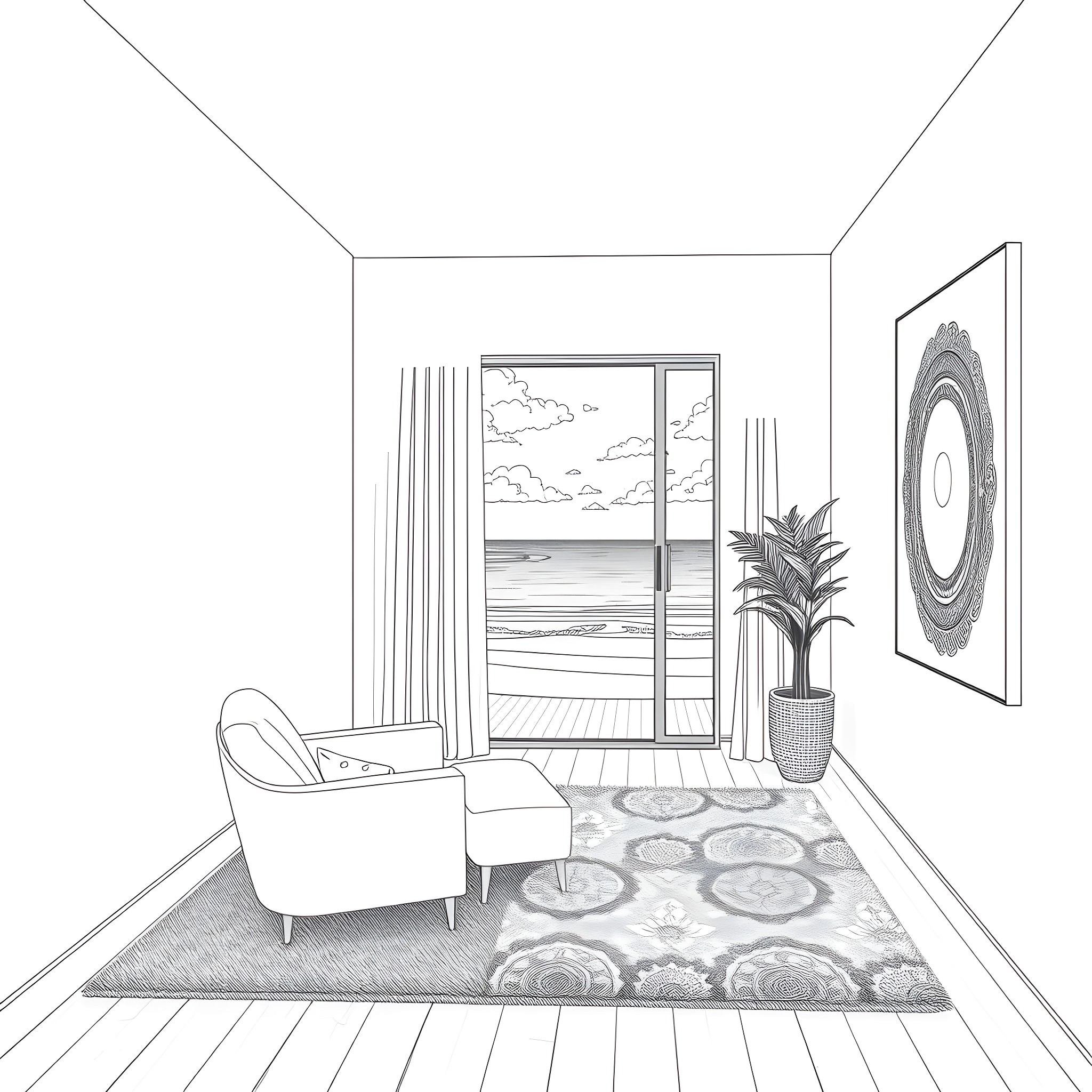 Room with Coastal View and Decor Coloring Page (free black-and-white line drawing printable PDF for all, from beginners to advanced learners, including children, teens, adults, and seniors)