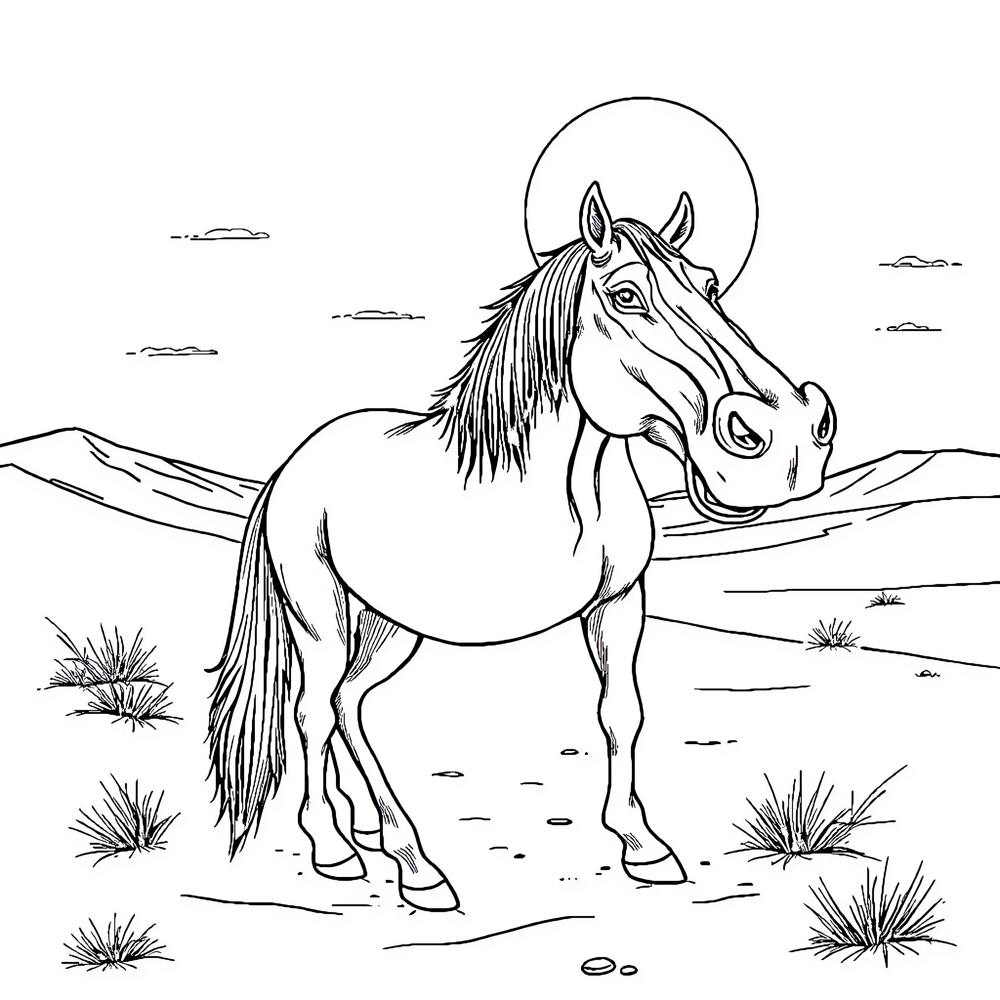 Horse standing in desert landscape Coloring Page (free black-and-white line drawing printable PDF for all, from beginners to advanced learners, including children, teens, adults, and seniors)