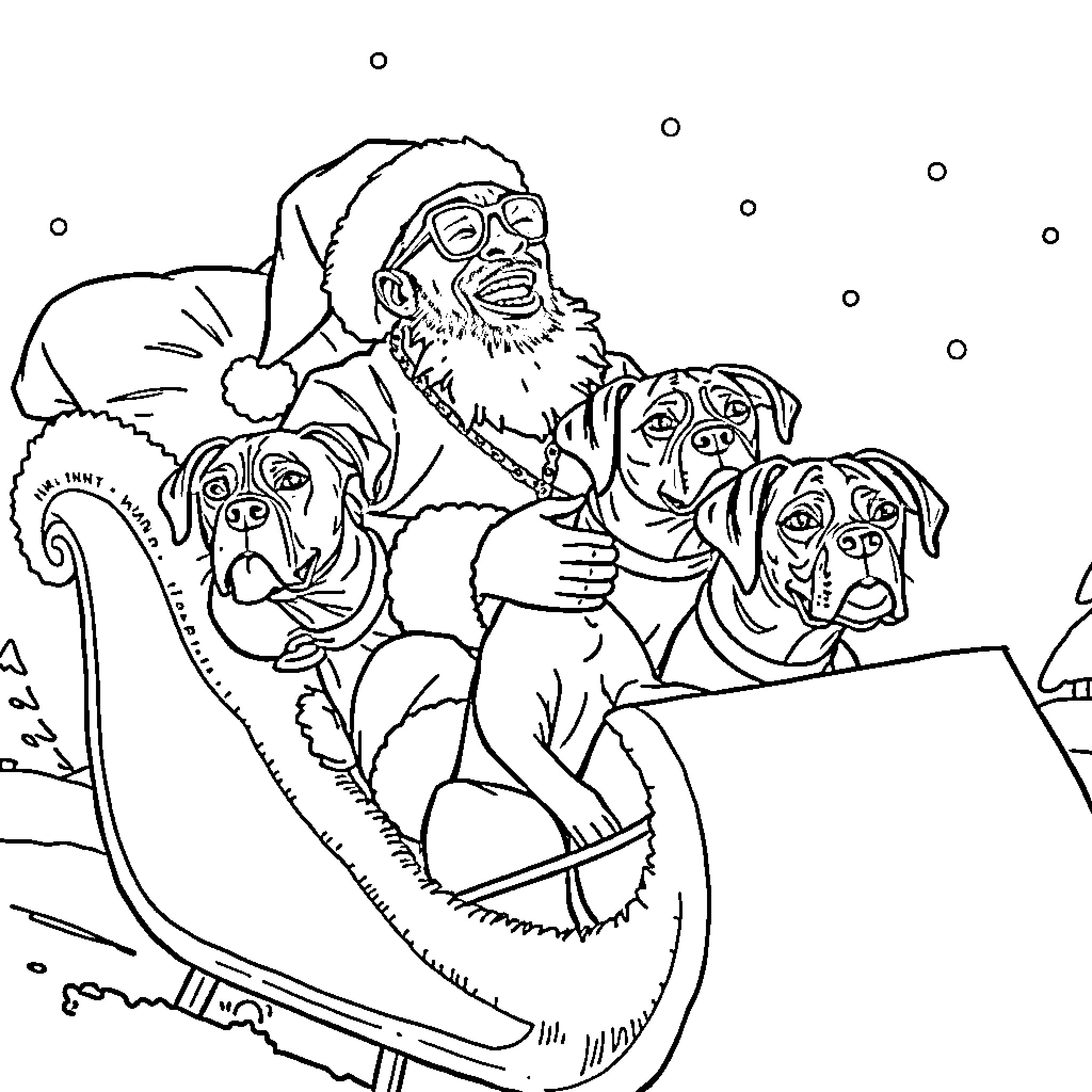 Snoop Dogg and his canine companions enjoy a snowy sleigh ride Coloring Page (free black-and-white line drawing printable PDF for all, from beginners to advanced learners, including children, teens, adults, and seniors)