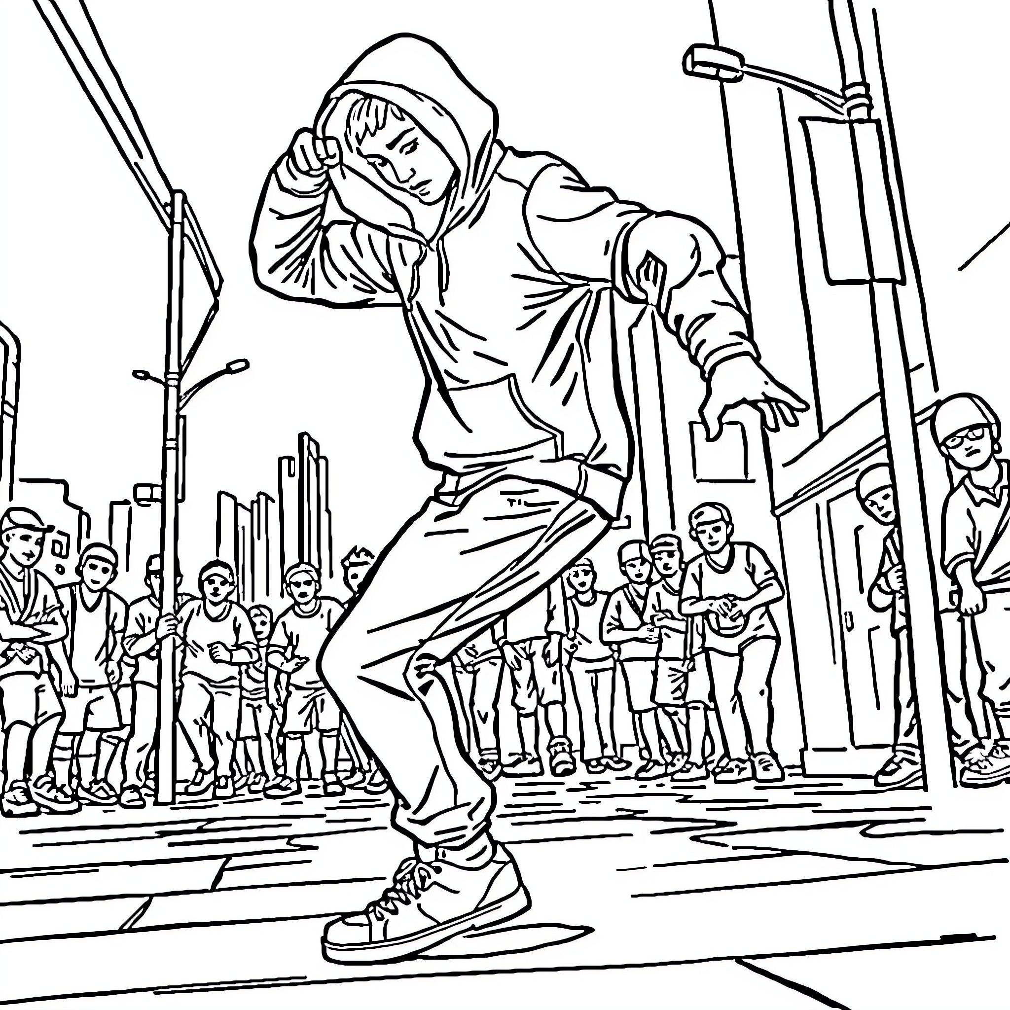Breakdancer performs acrobatic moves on city street Coloring Page (free black-and-white line drawing printable PDF for all, from beginners to advanced learners, including children, teens, adults, and seniors)