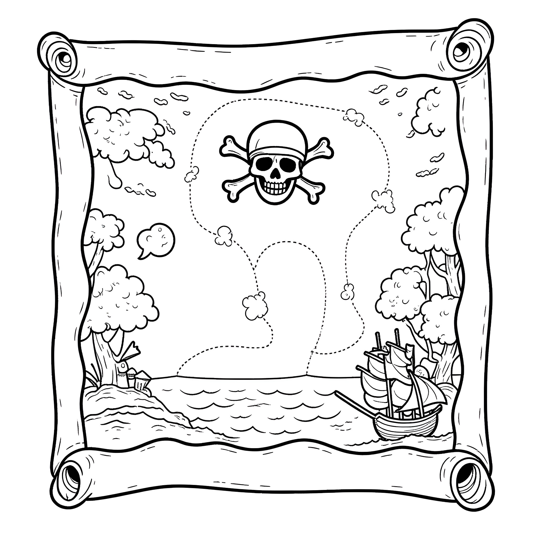 Treasure Map of Pirate Adventure Coloring Page (free black-and-white line drawing printable PDF for all, from beginners to advanced learners, including children, teens, adults, and seniors)