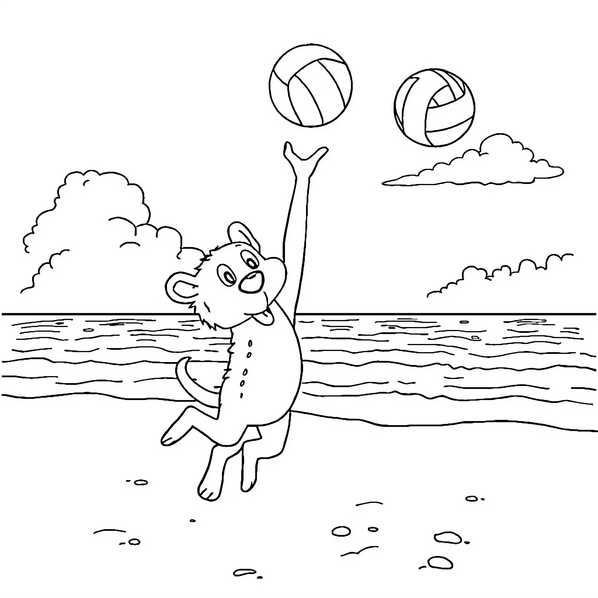 Labubu playing with beach balls in the ocean Coloring Page (free black-and-white line drawing printable PDF for all, from beginners to advanced learners, including children, teens, adults, and seniors)