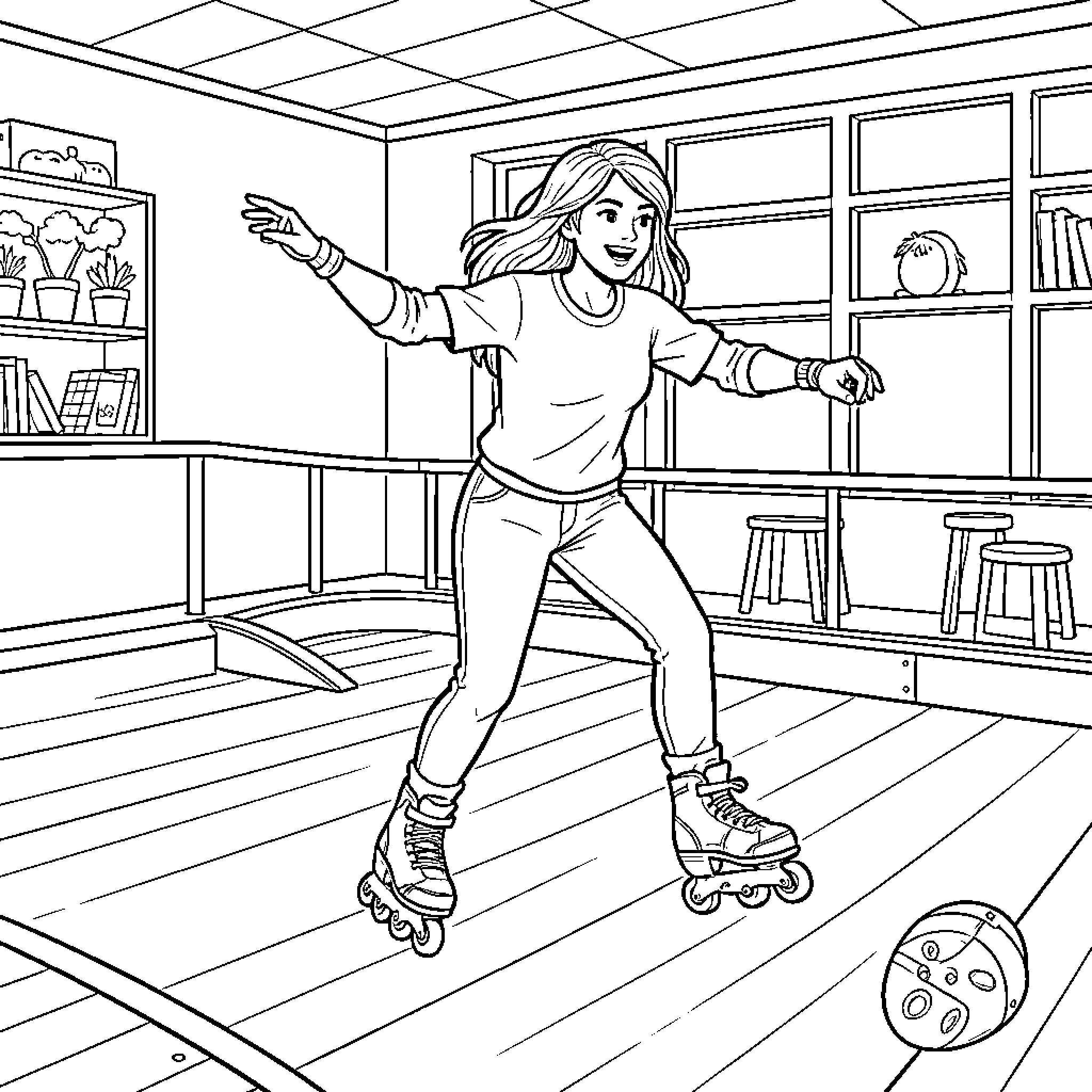 Mujer patinando con alegría en la habitación Coloring Page (free black-and-white line drawing printable PDF for all, from beginners to advanced learners, including children, teens, adults, and seniors)