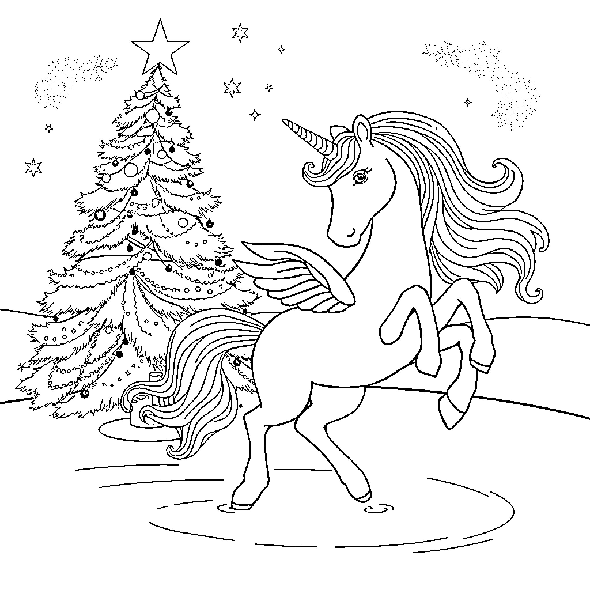 Unicorn Prancing Near Festive Christmas Tree Coloring Page (free black-and-white line drawing printable PDF for all, from beginners to advanced learners, including children, teens, adults, and seniors)
