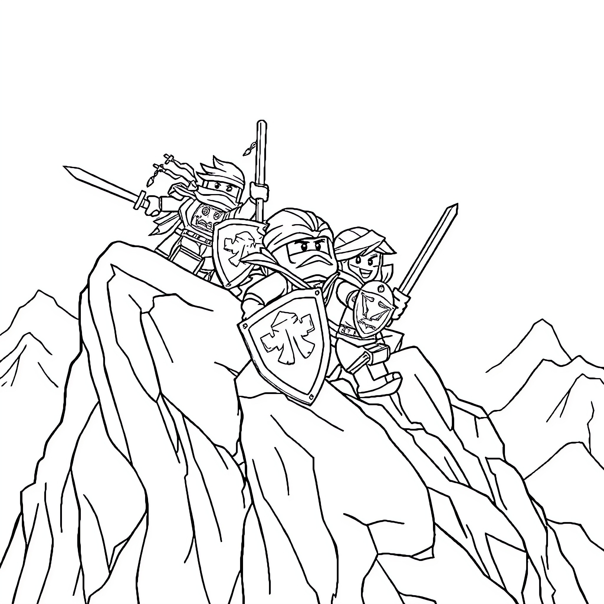 Ninjago warriors battling on a rocky mountain terrain Coloring Page (free black-and-white line drawing printable PDF for all, from beginners to advanced learners, including children, teens, adults, and seniors)