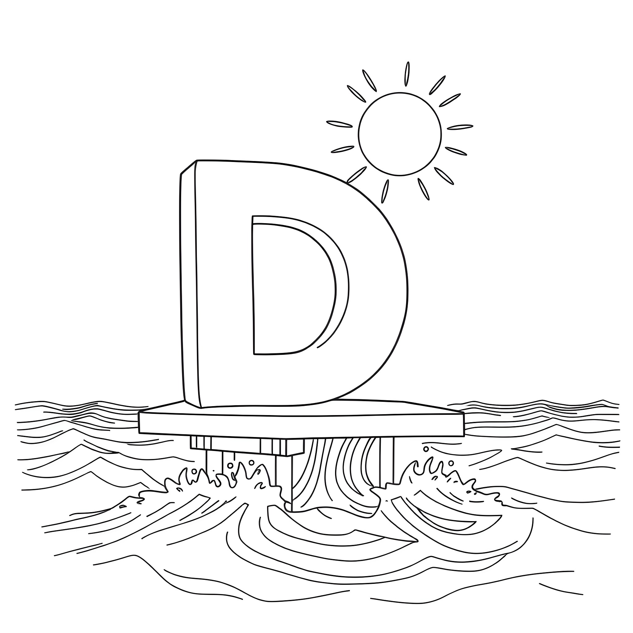Letter D in water with sun Coloring Page (free black-and-white line drawing printable PDF for all, from beginners to advanced learners, including children, teens, adults, and seniors)