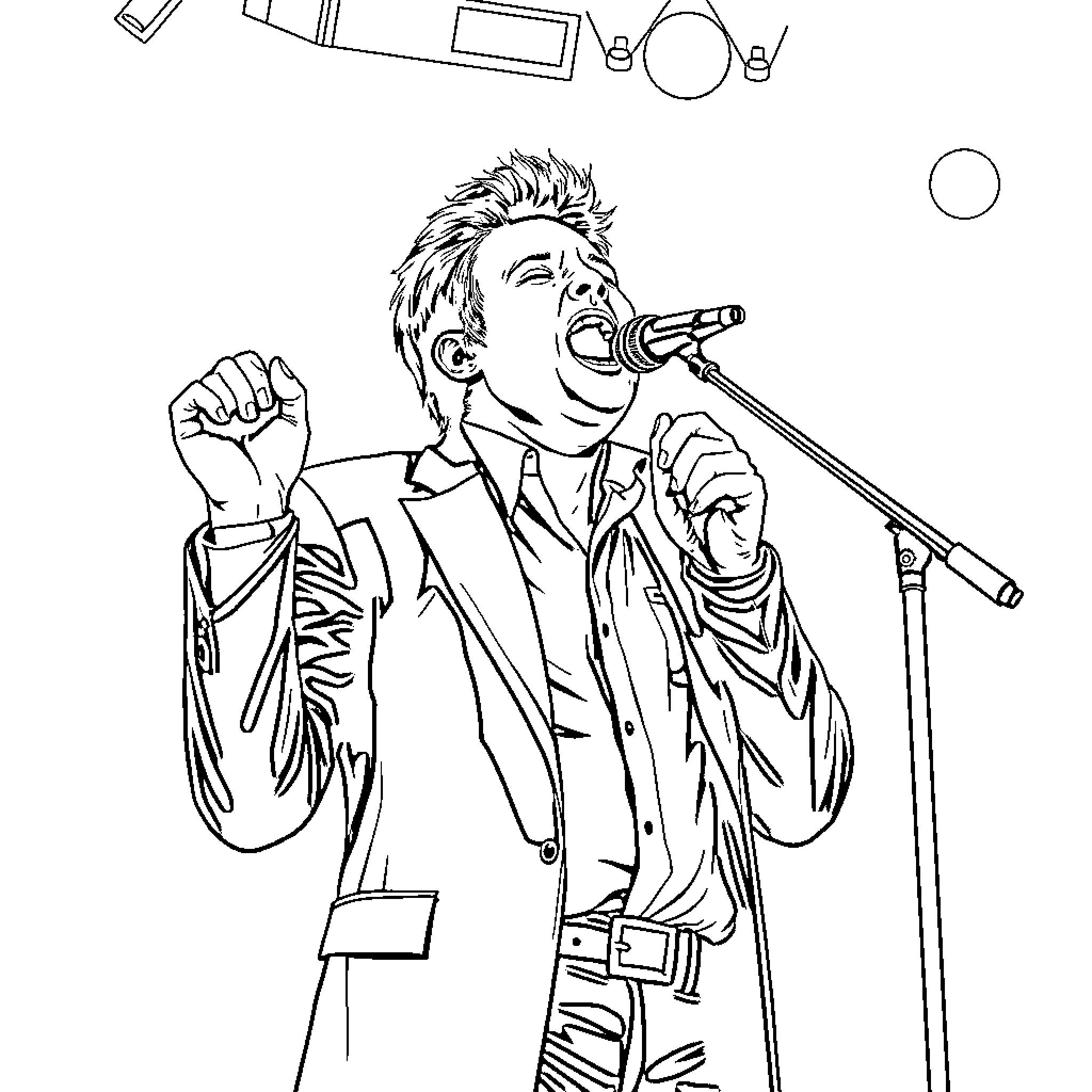 Gerard Way performing on stage with passion Coloring Page (free black-and-white line drawing printable PDF for all, from beginners to advanced learners, including children, teens, adults, and seniors)